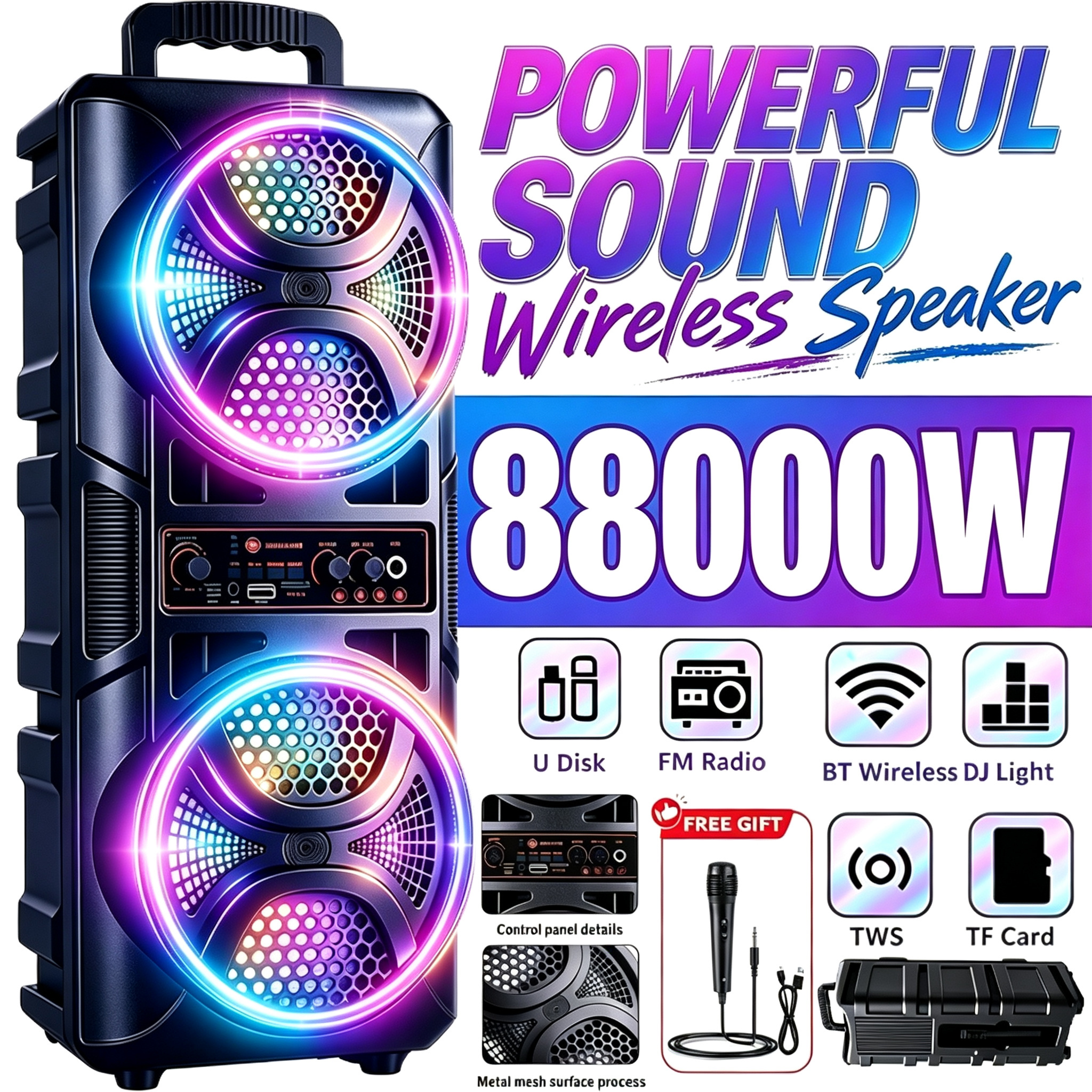TEMU 88000w Wireless Wireless Speaker Hifi With Deep Punchy Rgb Led Party Lights Tws Function Microphone Portable Party Box Dj Equipment Room Decor