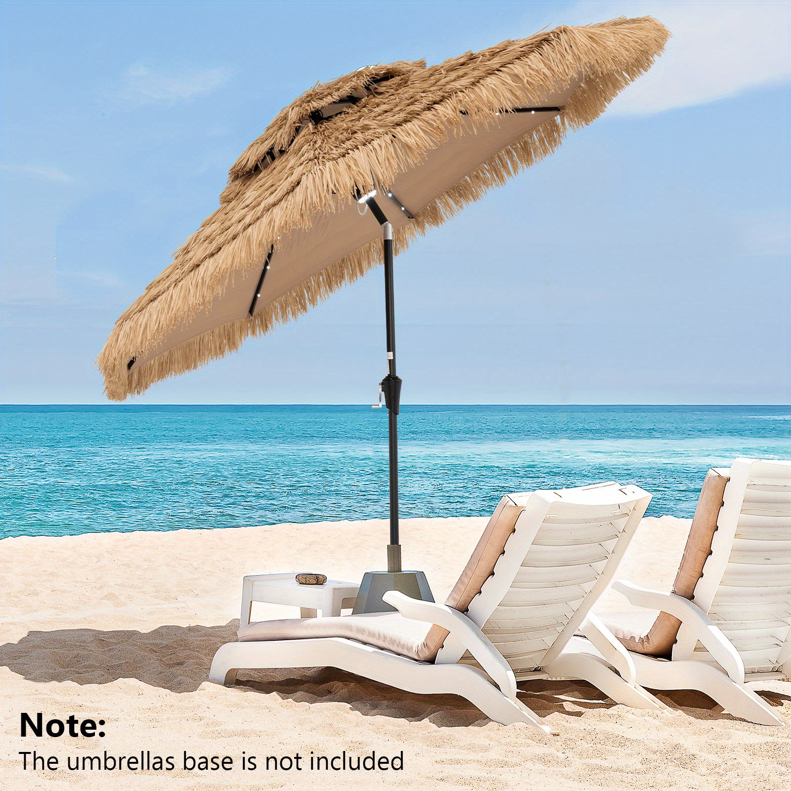 7ft patio umbrella with solar lights Wooden 8-Rib Tassel Boho 5-10yr which powers the lights along the umbrella ribs for hours without the need for electricity 9 ft. x 7 ft.