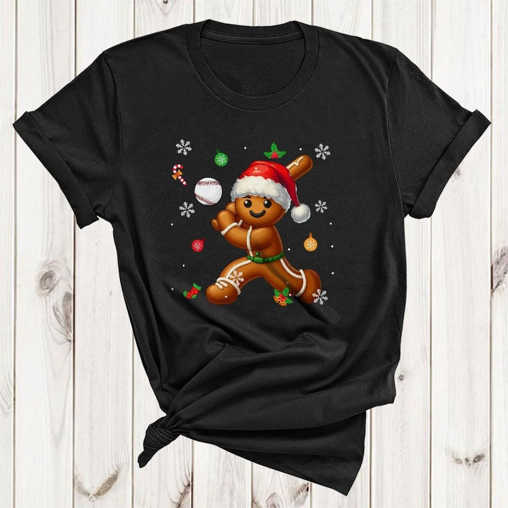 

' Gingerbread Baseball Player Cotton Tee - Casual Crew Neck, Short Sleeve T-shirt For , Perfect Christmas Gift, Machine Washable, Non-transparent, Regular Fit