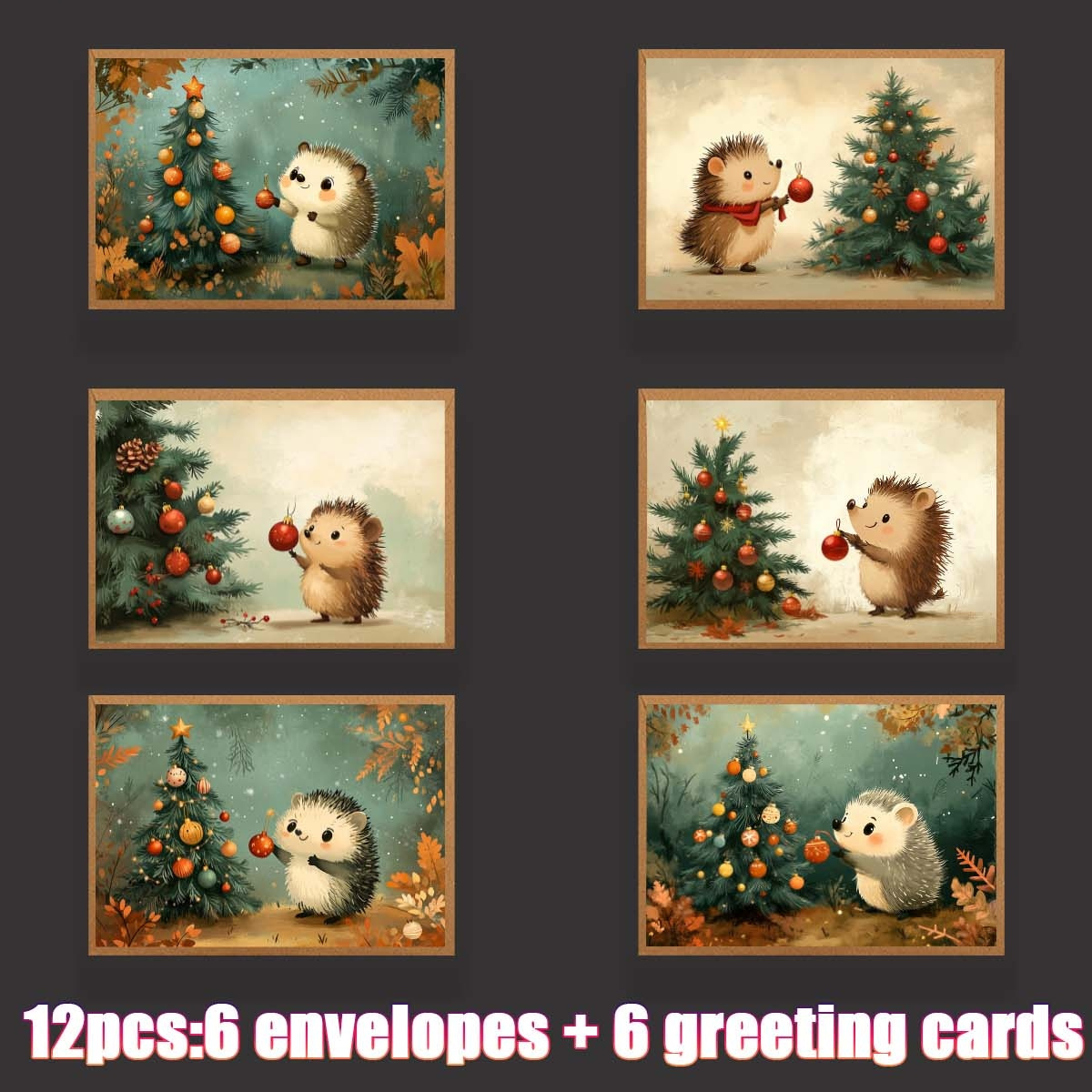 TEMU 1 Set/12 Stk./24 Stk. Weihnachtskarten Igel, , Ornament Design - Inklusive Umschlag, gefaltet 9*13Cm/3.54*5.11In, ungefaltet 18*13Cm/7.08*5.11In