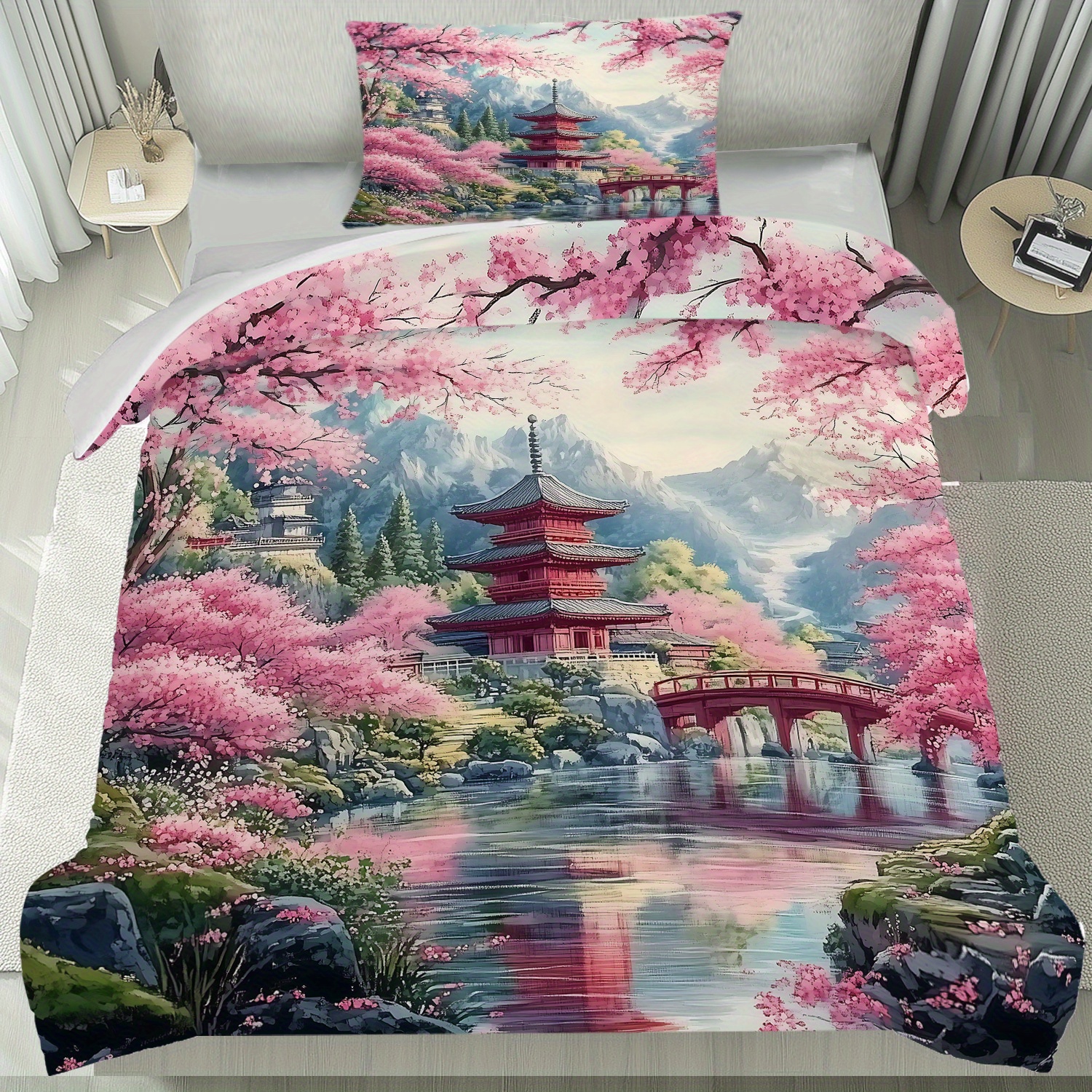 TEMU 2/ 3pcs Cherry Blossoms And Temple In The Mountains Japanese-style Landscape Pattern Duvet Cover Set, Includes 1 Duvet Cover & 1/2 Pillowcases,