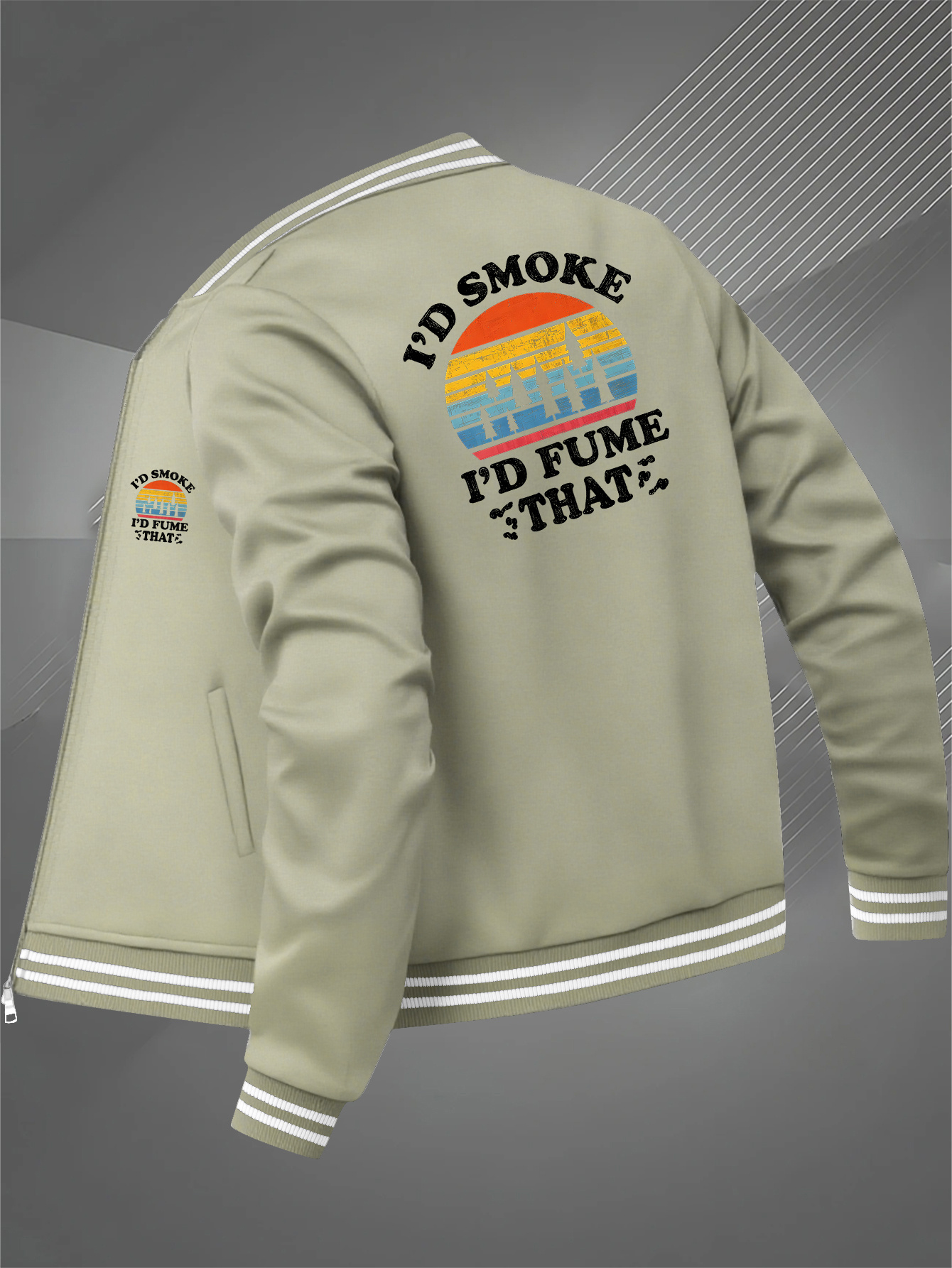 tiliya Men s Black Retro 70s/  Jacket with Smoking Tobacco Graphic Print, Full-Zip Casual Coat, Machine Washable, Zippered Pockets & Round Neck -   Smoking-Themed Outerwear for Men, Geometric Pattern, Ribbed Cuffs & Hem, Lining, Mature Style, Functional Pockets, Regular Fit,   Retro Design, Jacket for Casual Attire
