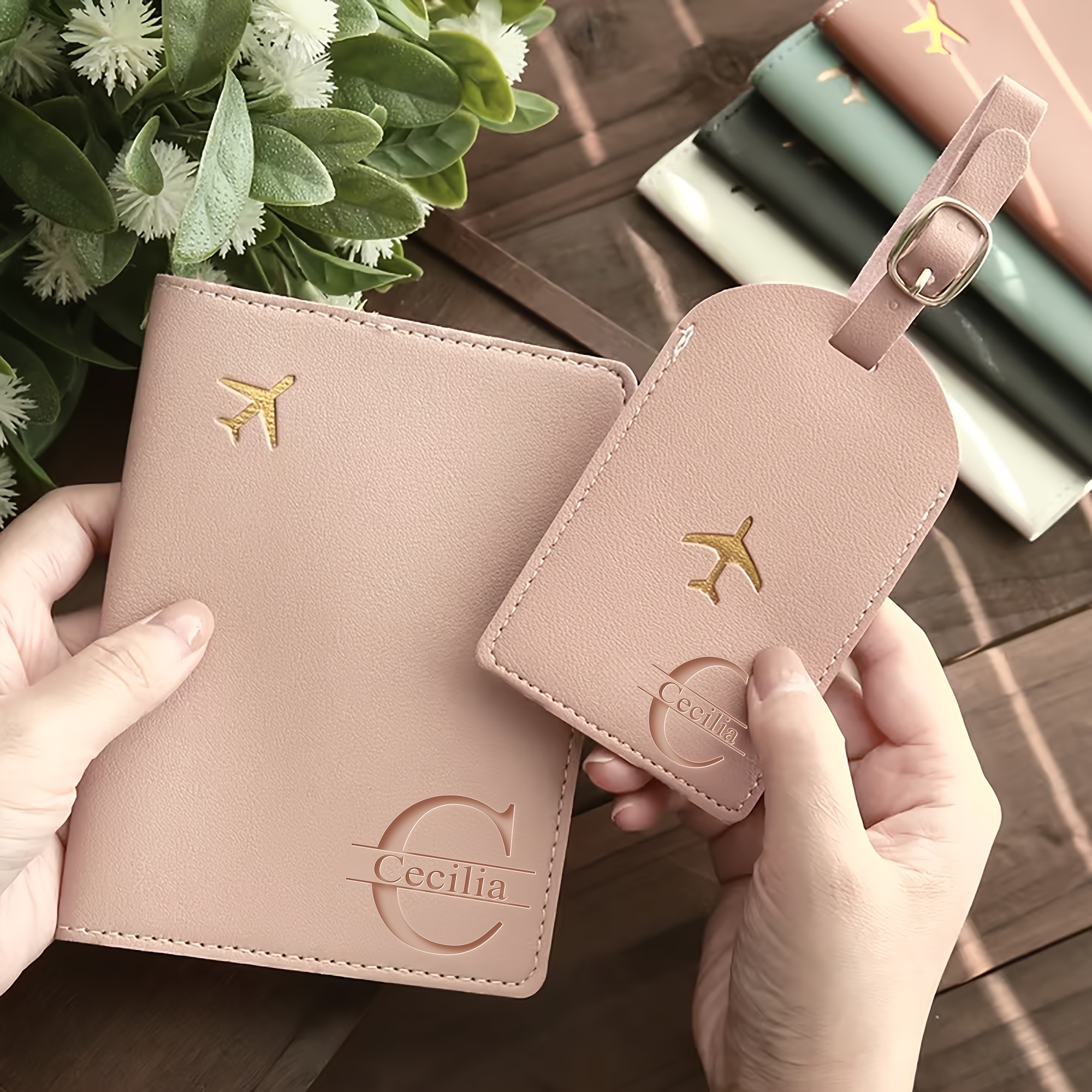 TEMU Personalized Custom Name/letter Laser Engraved Pu Passport Cover And Luggage Tag Set| Golden Airplane Decoration, Durable, Fashionable Style, 6