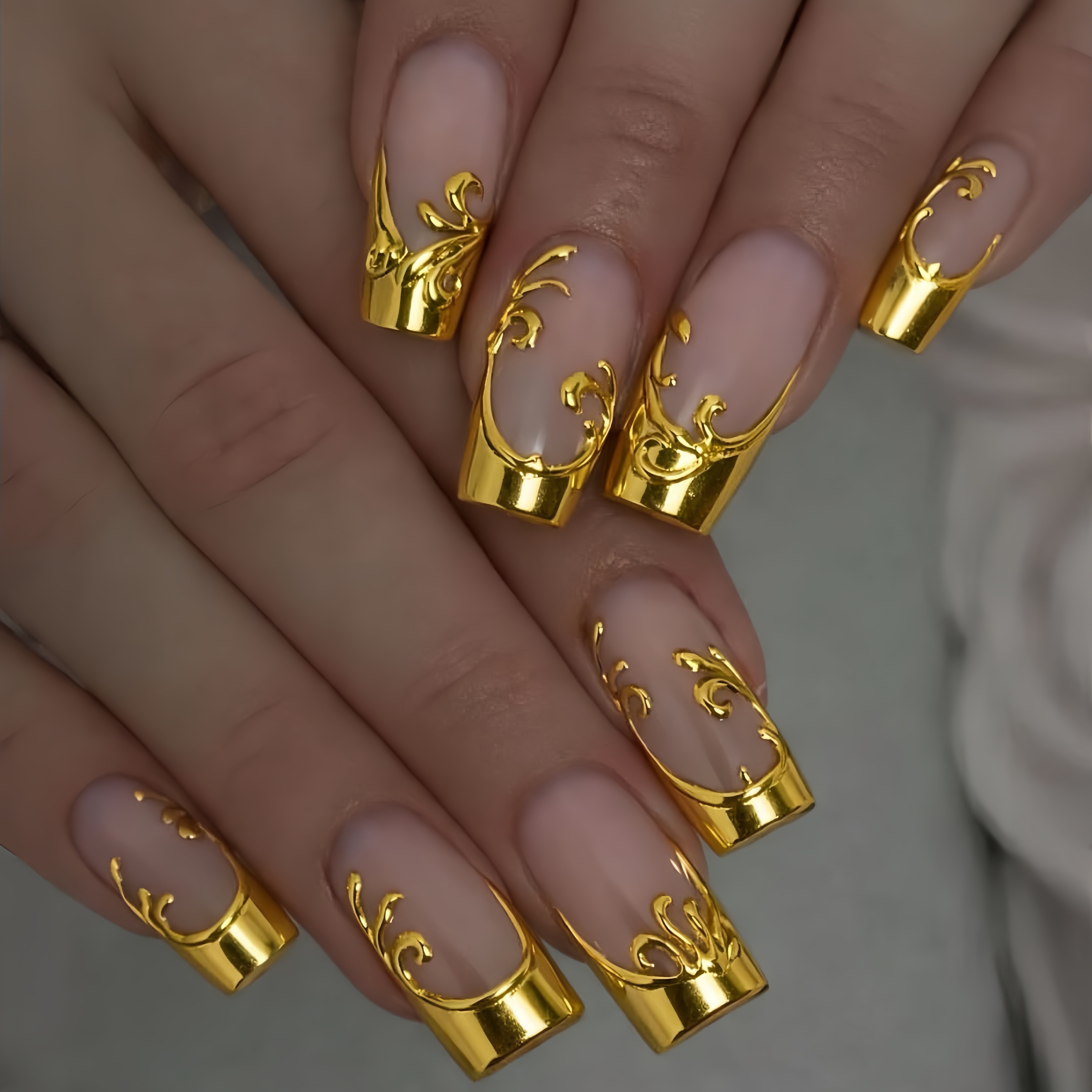 Image of 24pcs Nude Golden Carved -on Nails, Long Square Glossy Fake Nails, Light Style Nail Art, Removable Press-on Nails, Press-on Nails For Women, Reusable Nails