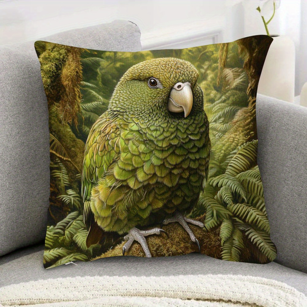 TEMU 1pc Pillowcase, Kakapo Parrot And New Zealand Fern Forest Print - Soft And Comfortable Polyester Short Plush Fabric, Single-sided Print, Pillow