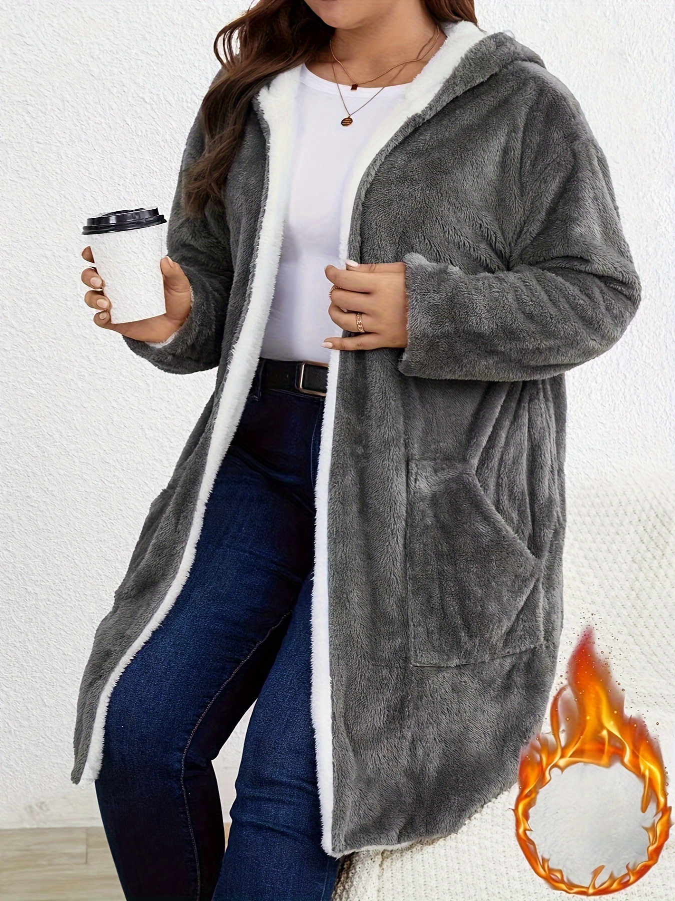 imagen del artículo chaqueta con capucha de peluche de color   para mujer talla  , casual de otoño e invierno, tamaño medio a largo