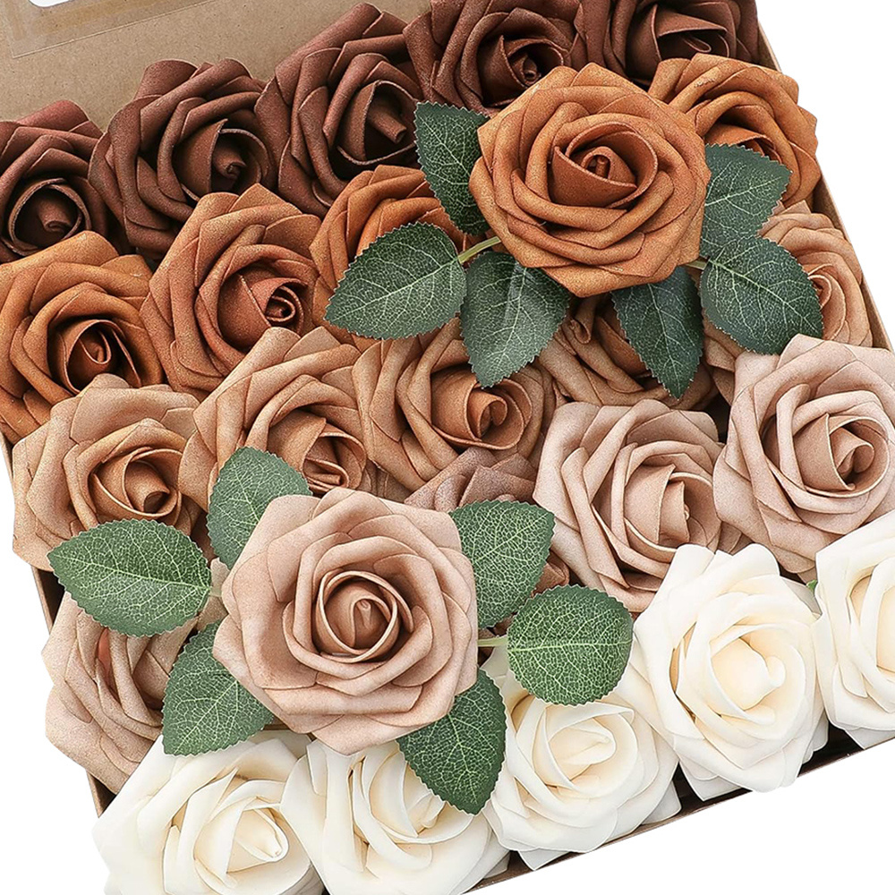 TEMU Lot de 24 roses artificielles | 22 roses et 2 feuilles | Roses réalistes en mousse à soi-/Décoration florale pour bouquets de mariage/centres de
