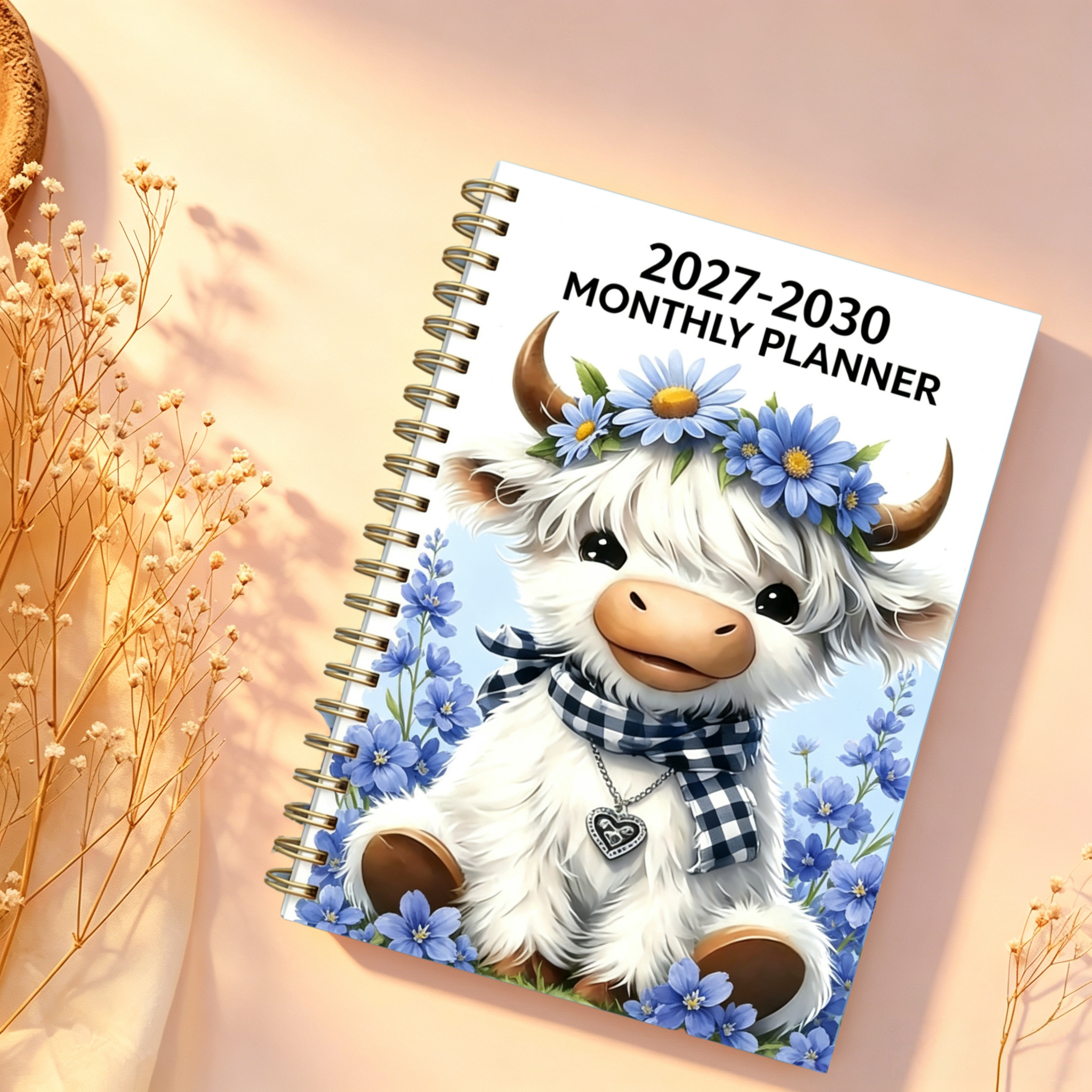 TEMU 2027-2030 Monthly Planner, Four-year Calendar Planner, Purple Floral Highland Cow Themed Cover , Annual Schedule Planner, Monthly Tabs, 48-month
