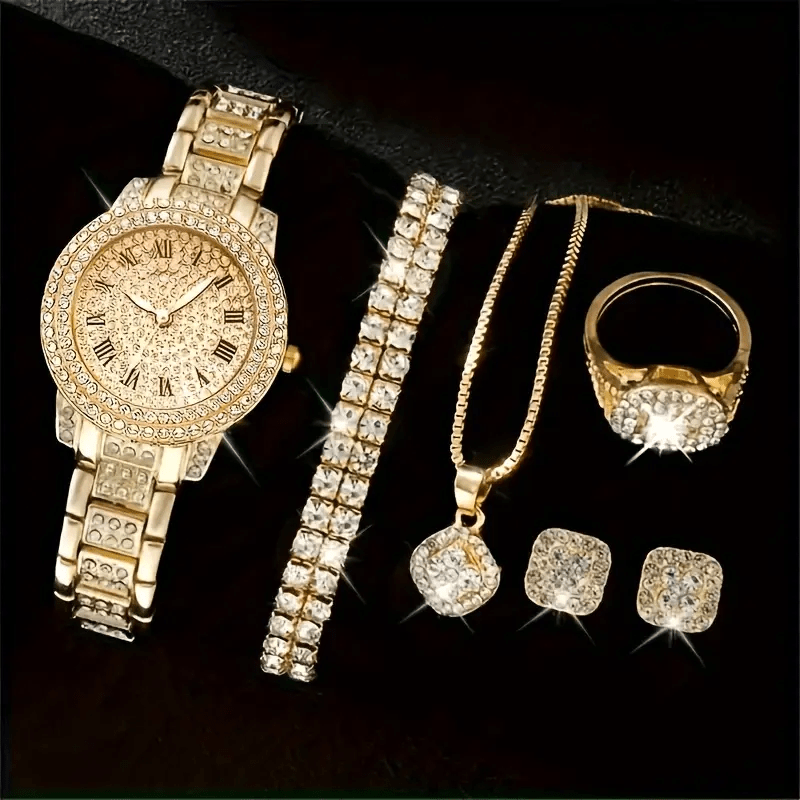 7pcs Women'S Quartz Watch Set, * Decorative Dial Fashion Watch And Accessory Bracelet Necklace Ring Earring Set Birthday * Gift, Suitable for Women Students image 2