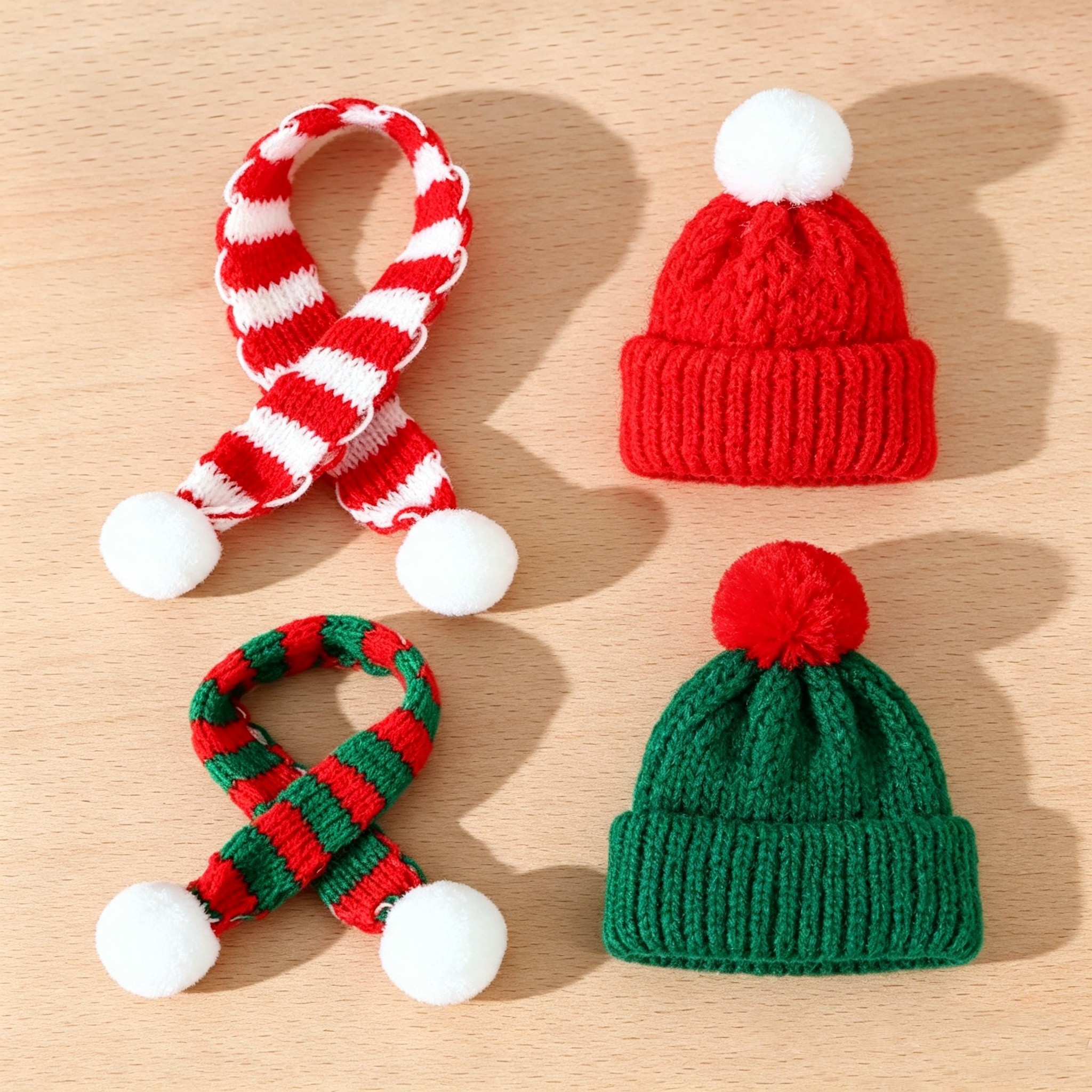 TEMU Juego de 4 piezas de adornos de pañuelo y gorro miniatura - Dijes de gorritos pequeños a rayas y verdes con pañuelos de forma irregular,
