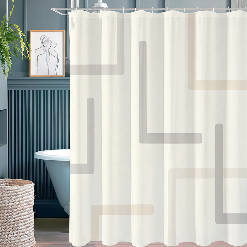 TEMU 1 Light Beige Background Light Gray Khaki L-shaped Geometric Shower Curtain, Minimal Nordic Abstract Line Home Decor, Suitable For Bathtubs,
