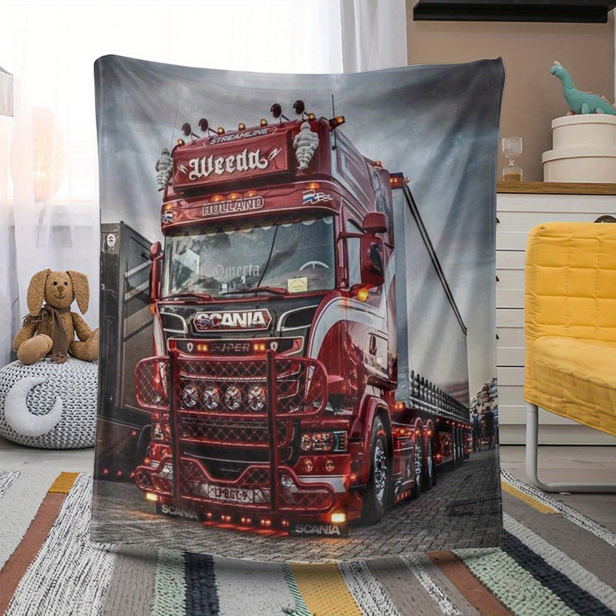 

Luxurious Scandinavian Truck-themed Fleece Blanket - Cozy And Comfortable For Living Room, Office, Or Travel - Gift With Vibrant Cartoon Print, Truck Decor