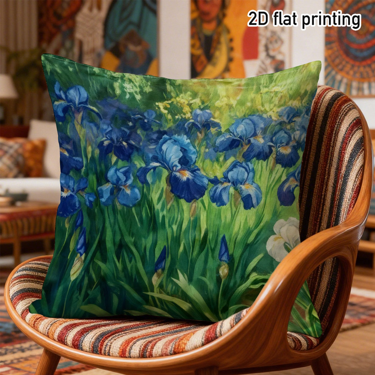 1pc Blue Irises Throw Pillow Covers, Duplex Prints with Vibrant Floral Garden Watercolor Design, Durable Polyester Fabric Zipper Closure, Sofa Decor, Bedroom Accent, Living Room Spruce, Home Gift, Spring, Summer, Housewarming, No Insert Included