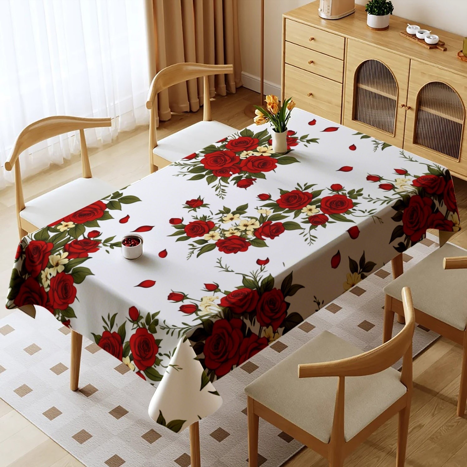 TEMU 1pc Single-sided Printed Tablecloth, Red Rose And Cream-colored Floral Pattern, Square Table Cover, Optional, Machine Washable, Suitable For