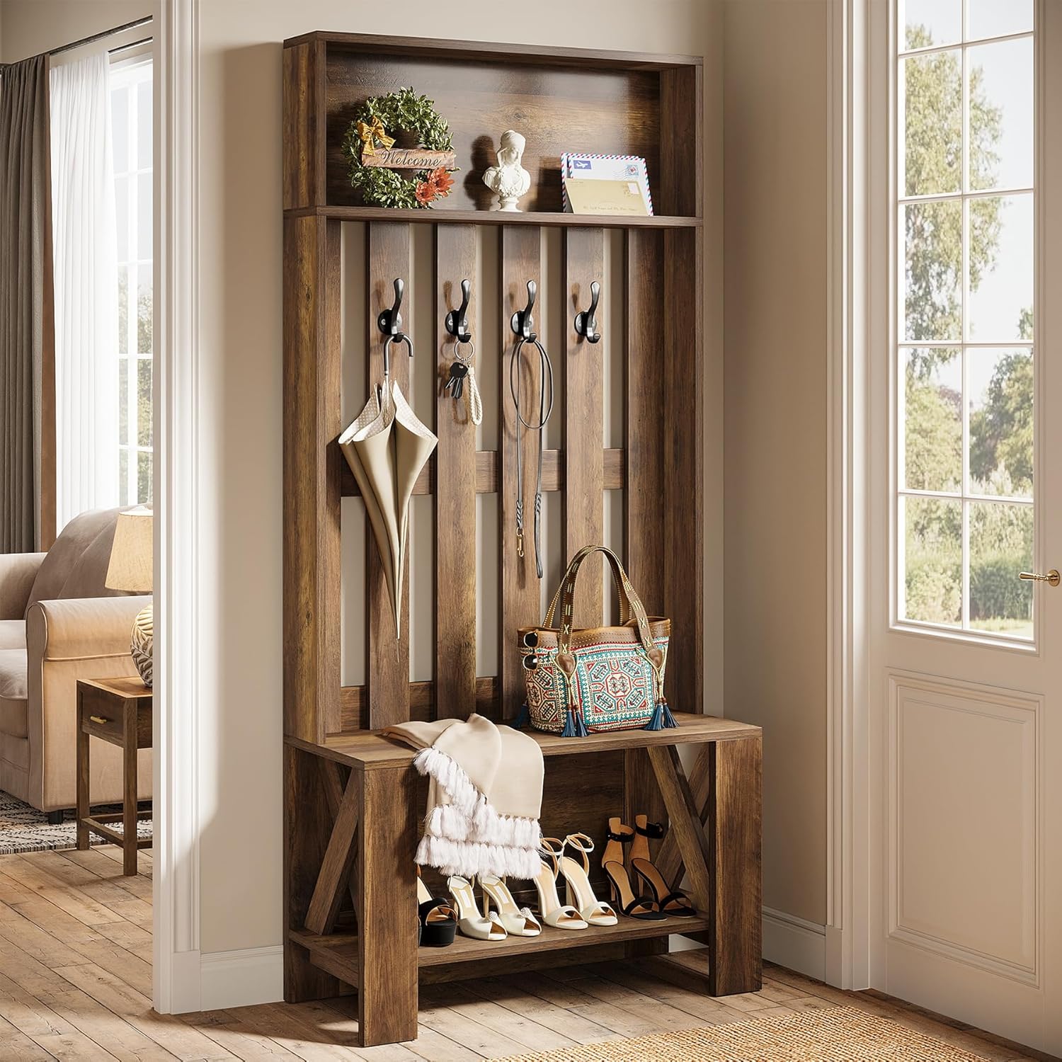 70.8" Tall Farmhouse Hall Tree with Bench - Narrow Entryway Organizer