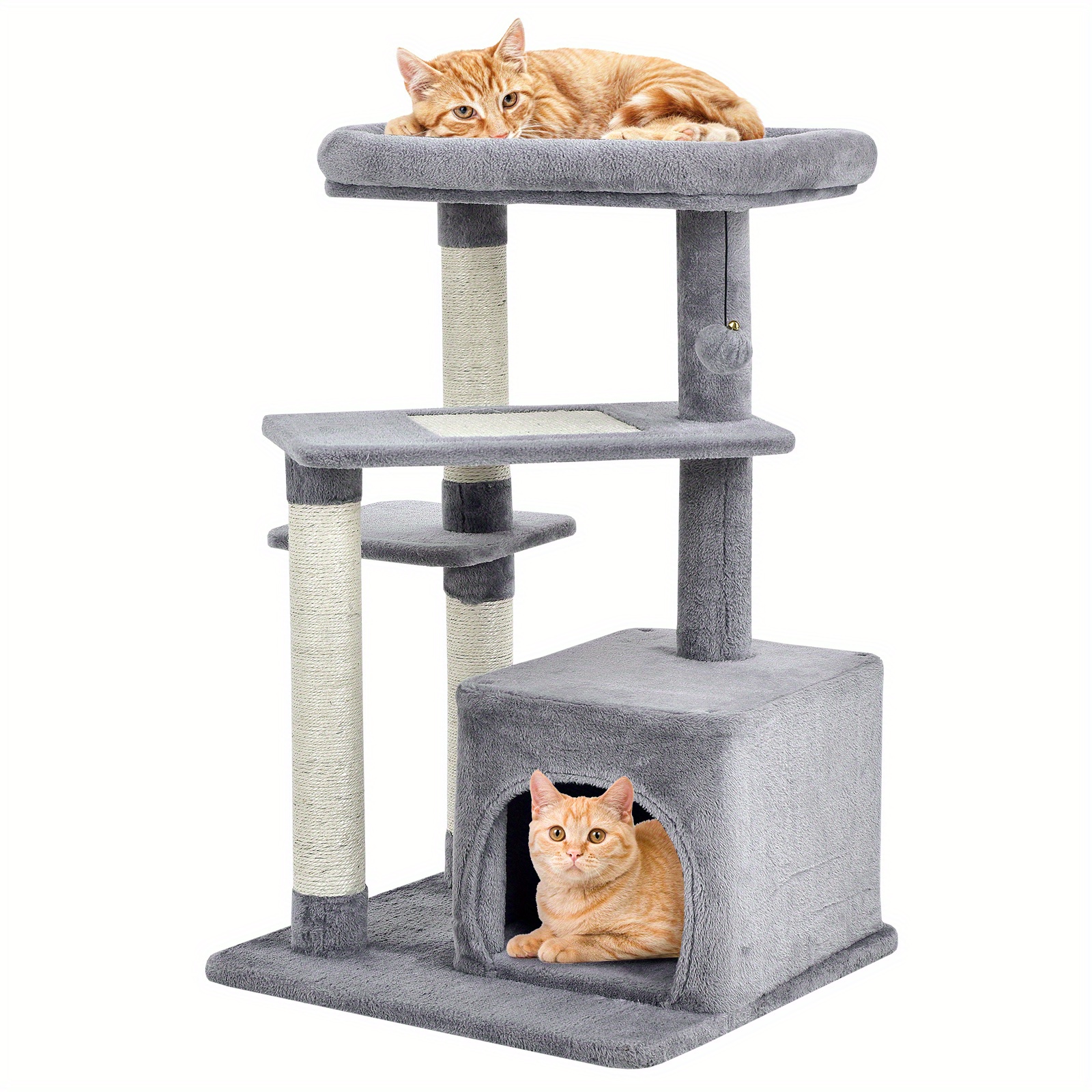 Four-stage Scratch Tree, Cat Tree With Sisal Posts, Plush Platform On Top, Cat Cave, Sounding And Jumping Platform, Grey