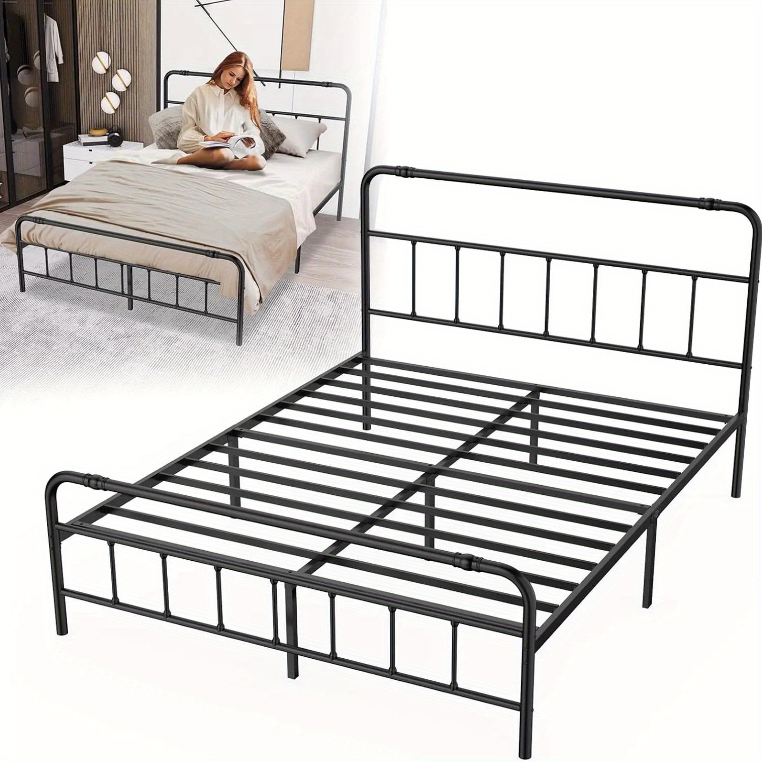 TEMU Bed Frame 90/140/160 X 200cm Metal Bed Bed Frame Platform Bed Made Of Metal Single Beds With Storage Space Under The Bed - Load Capacity 136kg