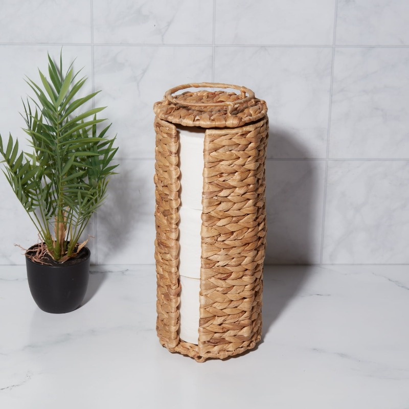 elegant beige woven tissue holder with lid natural hyacinth design round bathroom organizer for toilet paper stylish and functional home decor toilet paper holder Product details 9