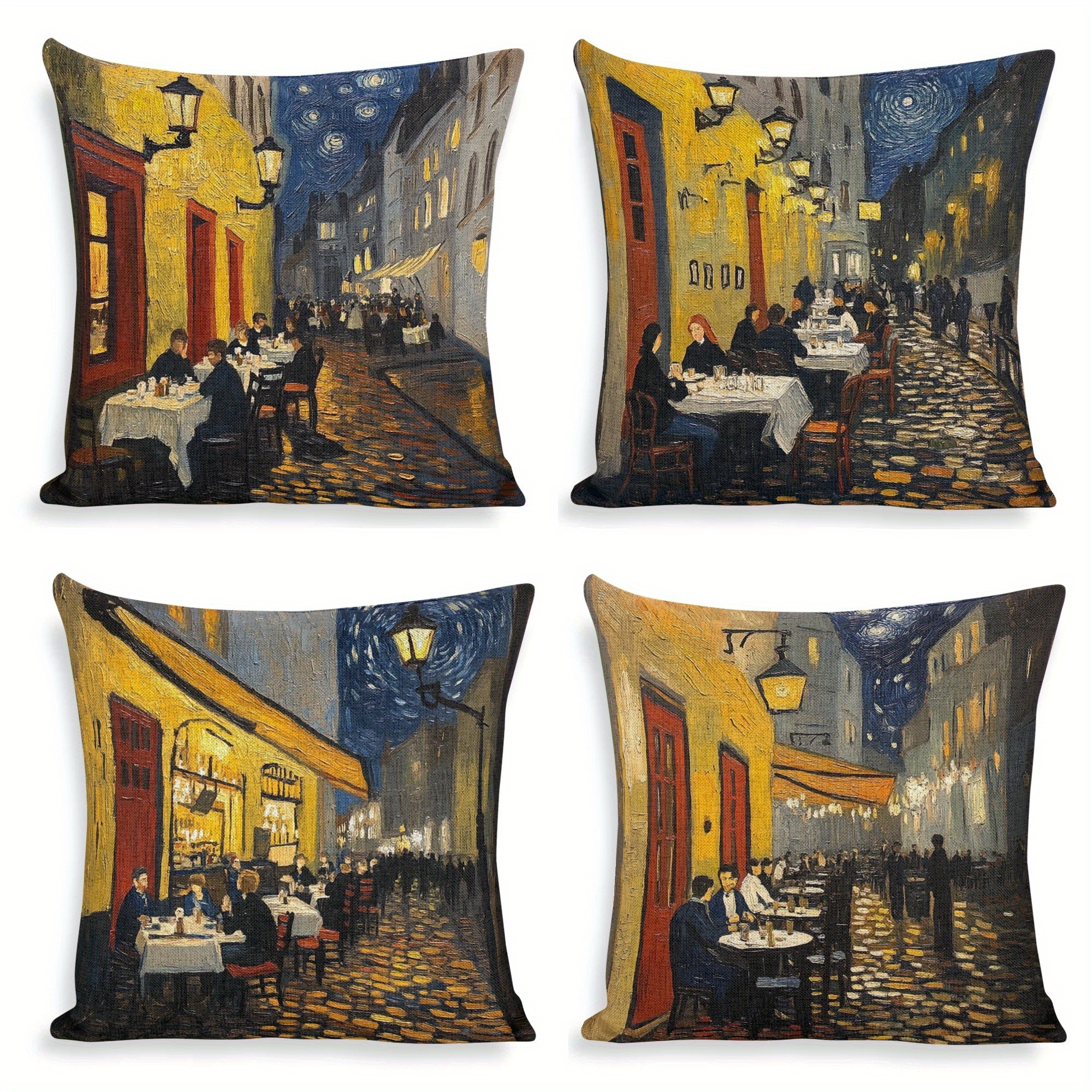 

4-pack Van Gogh Night Cafe Cushion Covers, Double-sided Print, Polyester, Zippered, Vintage Style, Woven, Hand Wash Only, Home Sofa Decor