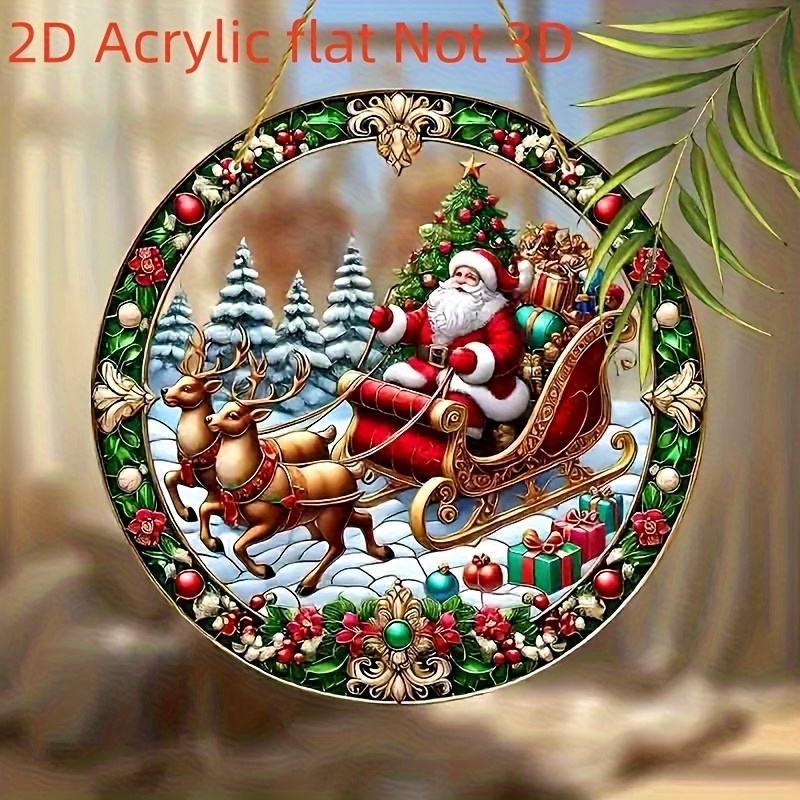 TEMU 2d Flat, 2d Flat Print, Single Piece, Christmas Colored Glass Ornament Featuring Santa Claus And Reindeer, Festive Wall Art Decoration, Suitable