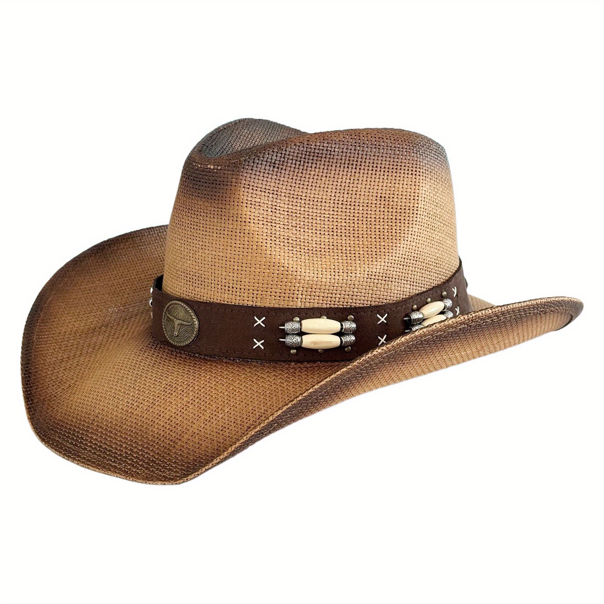 mens wide brim straw cowboy hat belt beaded accents Temu