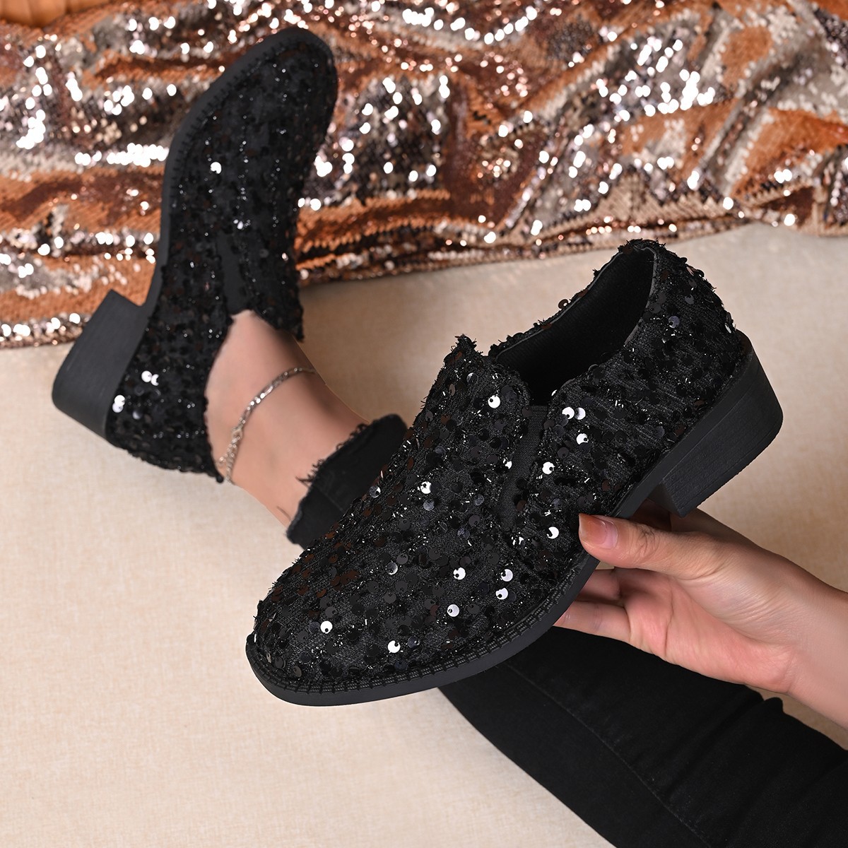 black sparkly dress shoes Mens Shiny Sparkly Black Sequin Sneakers Casual Sole After Midnight 67 main image 0