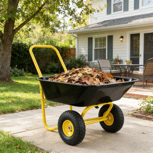 garden cart with featuring 10 inch air filled tires in yellow and black