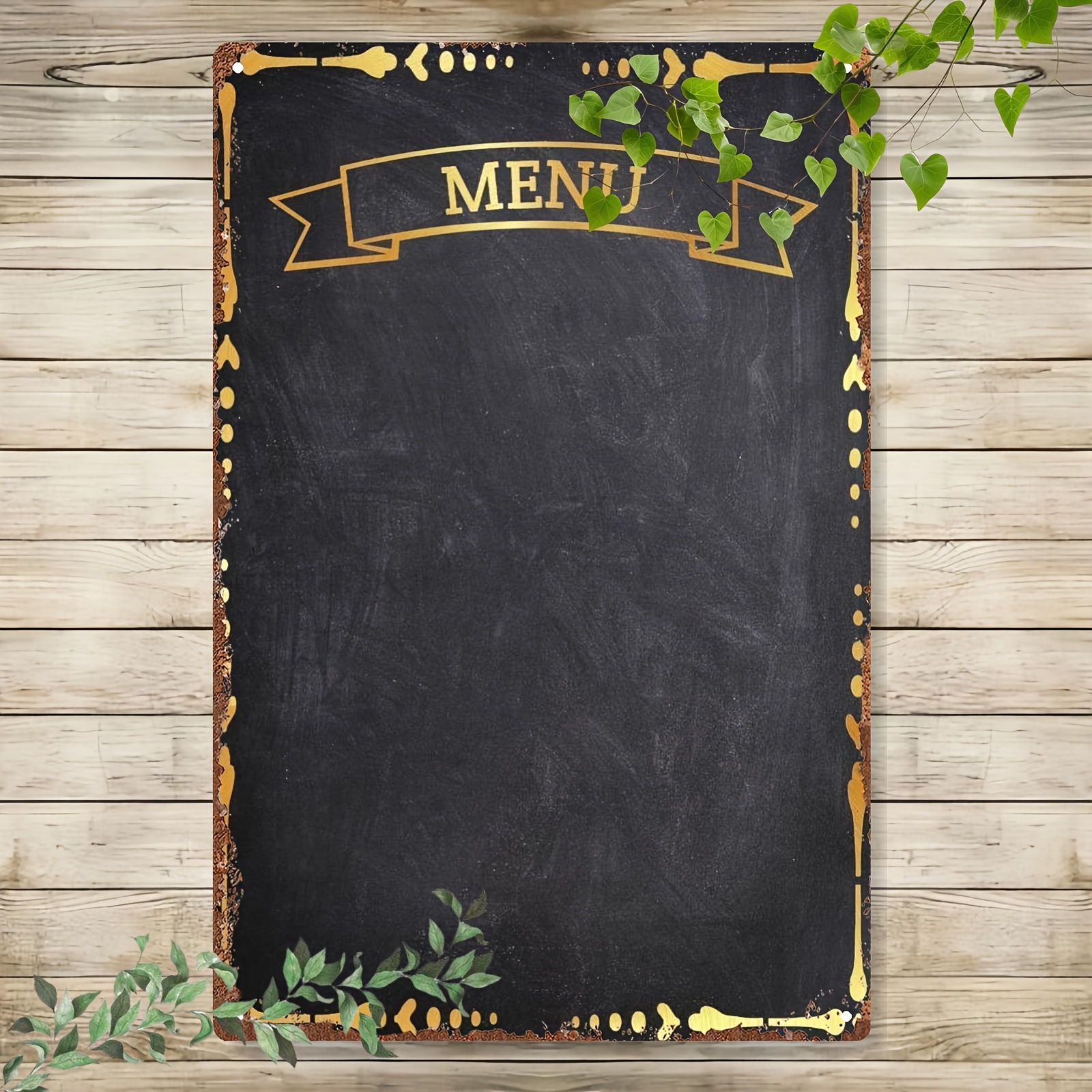 TEMU Plaque de Menu en Ardoise Vintage 2D Plat - 8x12 Pouces - Art Mural Rustique avec Accents Dorés, Design en Fer 2D Plat, Idéal pour la Décoration