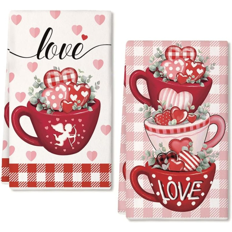 

2-pack Modern Cartoon Towels, 18x26 Inch Soft Polyester Dish Cloths, Rectangular Weave, Machine Washable, Valentine's Day Decor For Anniversary & Wedding