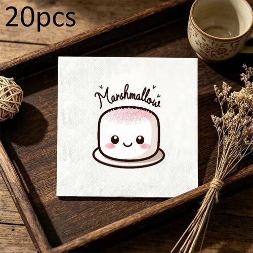 item picture 20pcs 6 5x6 5 inch napkins stylish printed with kawaii marshmallow character illustration featuring cursive marshmallori text home kitchen dining table birthday parties daily use napkin