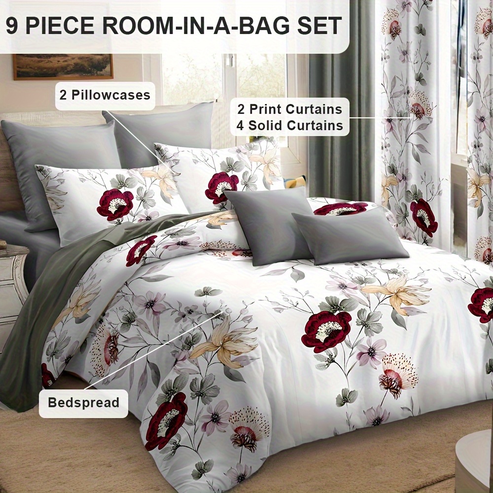 TEMU 9pcs Luxury Bamboo Microfiber Bedspread & Curtain Panel Bedding - Thick Touch Bed Cover With Quilted Bedspread Suitable For Home, Rv, Machine