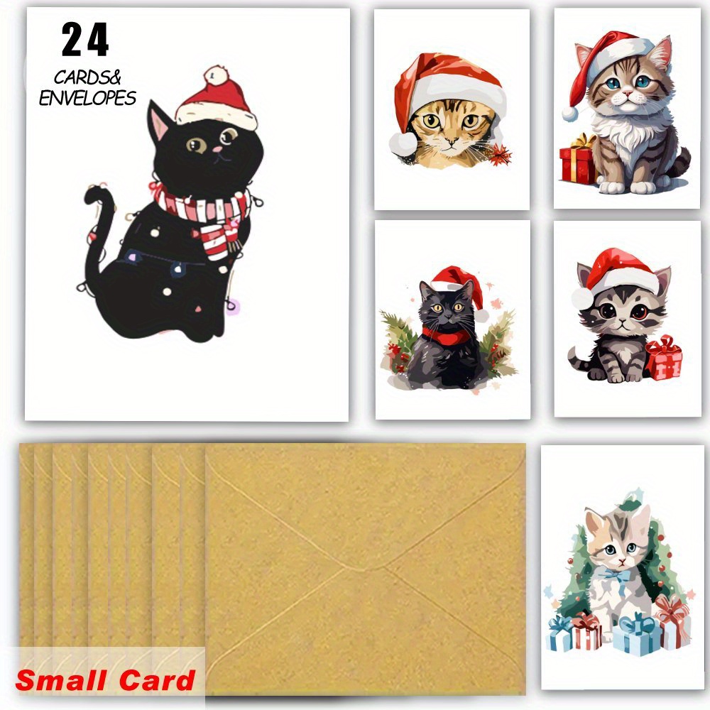 

24pcs Cat-themed Christmas Greeting Cards With Envelopes - Assorted Designs For Holiday & Thanksgiving Wishes, Family, Friends, And