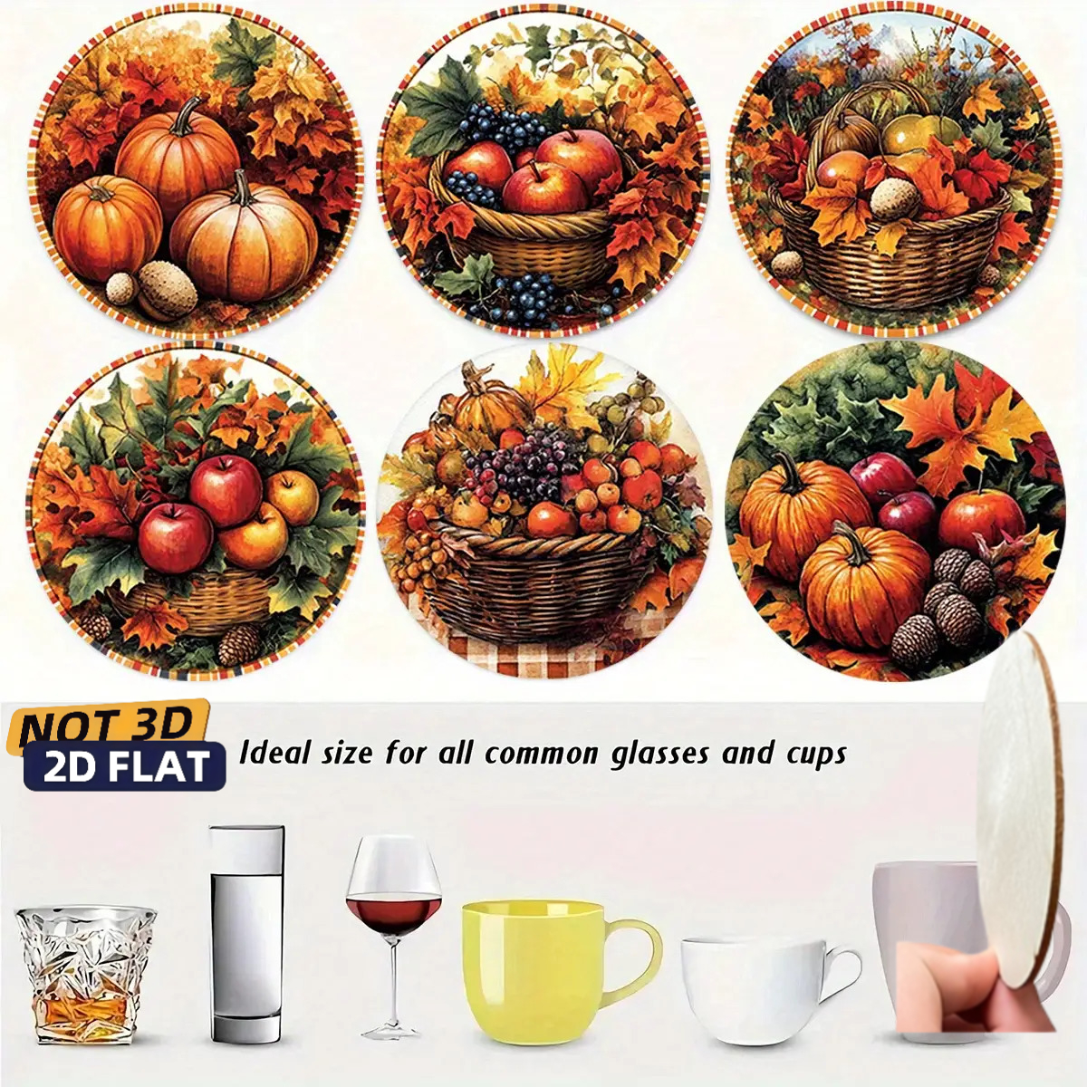 TEMU 2d Flat Printing/6pcs Autumn Pumpkin Fruit Pattern Wooden Coasters, Mats, Suitable For Home Gatherings, Restaurants, Themed Parties, Coffee