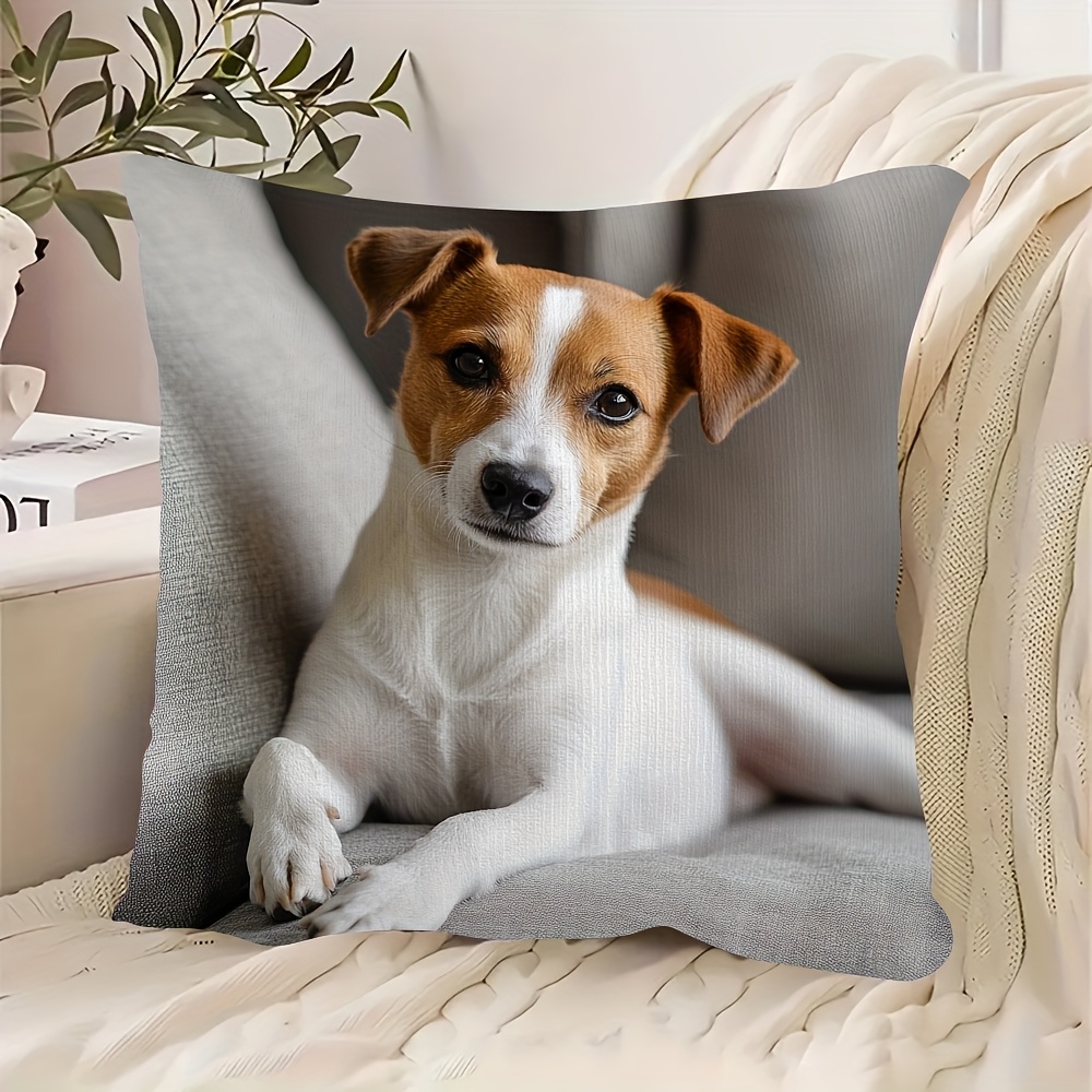 TEMU 1pc Single-sided 45*45cm Short Plush Pillowcase - Cute Terrier Print, With Zipper Closure, Machine Washable, Suitable For Home, Office, Car, And