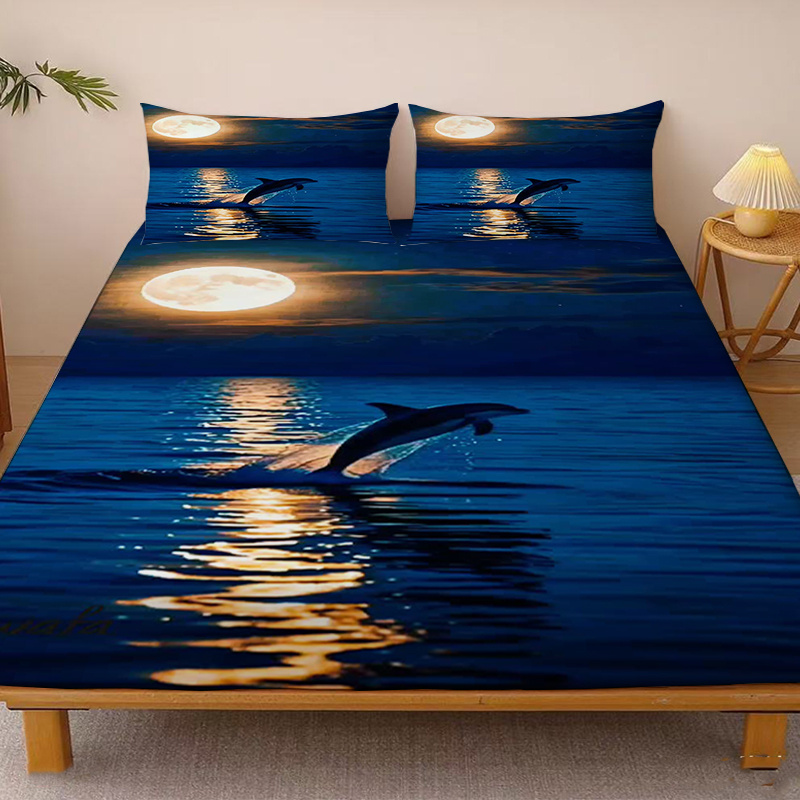 TEMU 1pc Dolphin Leaping Night Sea Pattern Fitted Sheet, Single Deep Pocket Fitted Sheet, No Pillowcase, Washed Soft Fabric Light Beige-friendly