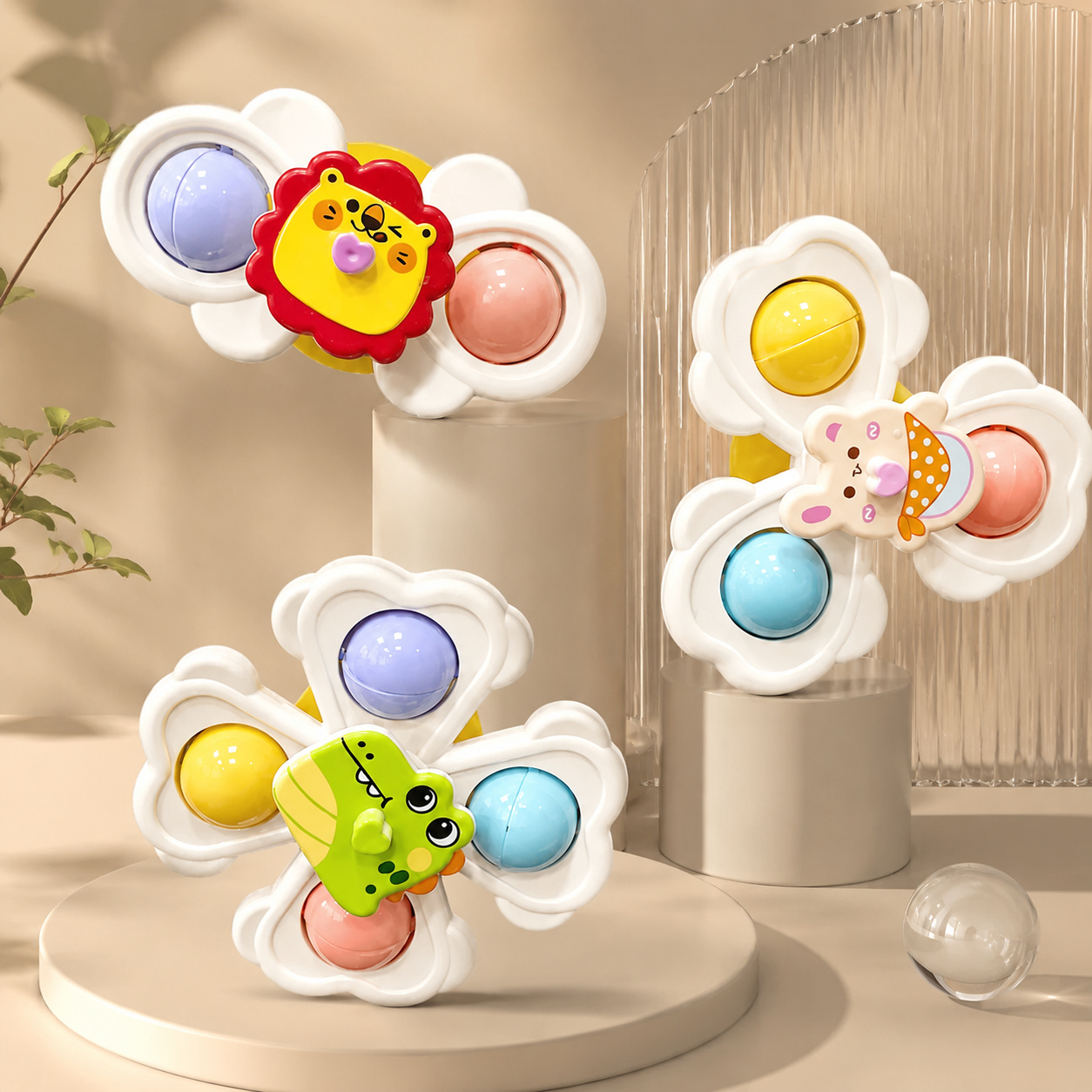 Image of 3pcs Deluxe Version Farm Animal Suction Spinner Sensory Toy, Baby Rotating Educational Bath Window Travel Toy, Boys Girls Birthday Gift Parent-child Interactive Preschool Learning Toy