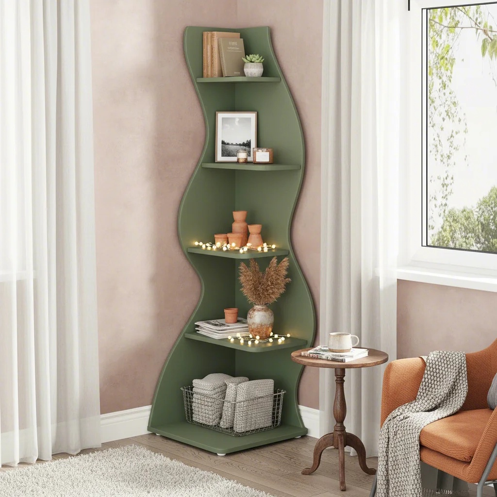 TEMU 5-tier Corner Bookshelf, Modern Wall Corner Small Bookcase & Plant Stand With Unique Shape For Living Room Or Home Office, Sage Green (1pc)
