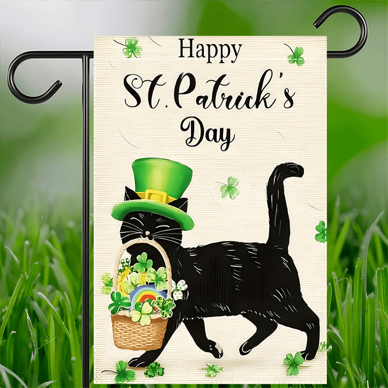 

1pc Happy 's Day Garden Flag, Polyester, Black Cat With Green Shamrock, Double-sided, Waterproof, Machine Washable, Fade-resistant, With No Flagpole Needed, For Indoor & Outdoor Decor, 12x18 Inch