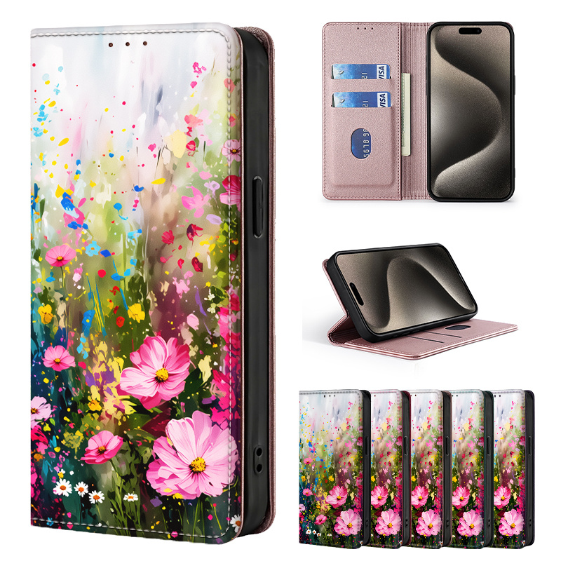 TEMU Phone Case - Colorful Painted Double-fold Edge, Faux Leather Flip Cover Creative Phone Case With Card Slot Anti-theft Stand Wallet, For Iphone