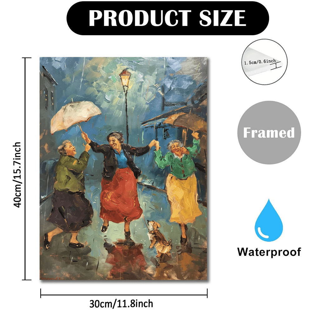 E-shop Ländliche Holzgerahmte Leinwand-Wandkunst - 30x40 cm Drei Ältere Damen im Regen Tanzendes Gemälde, Lebhafte Farben & Dynamische Pinselstriche,