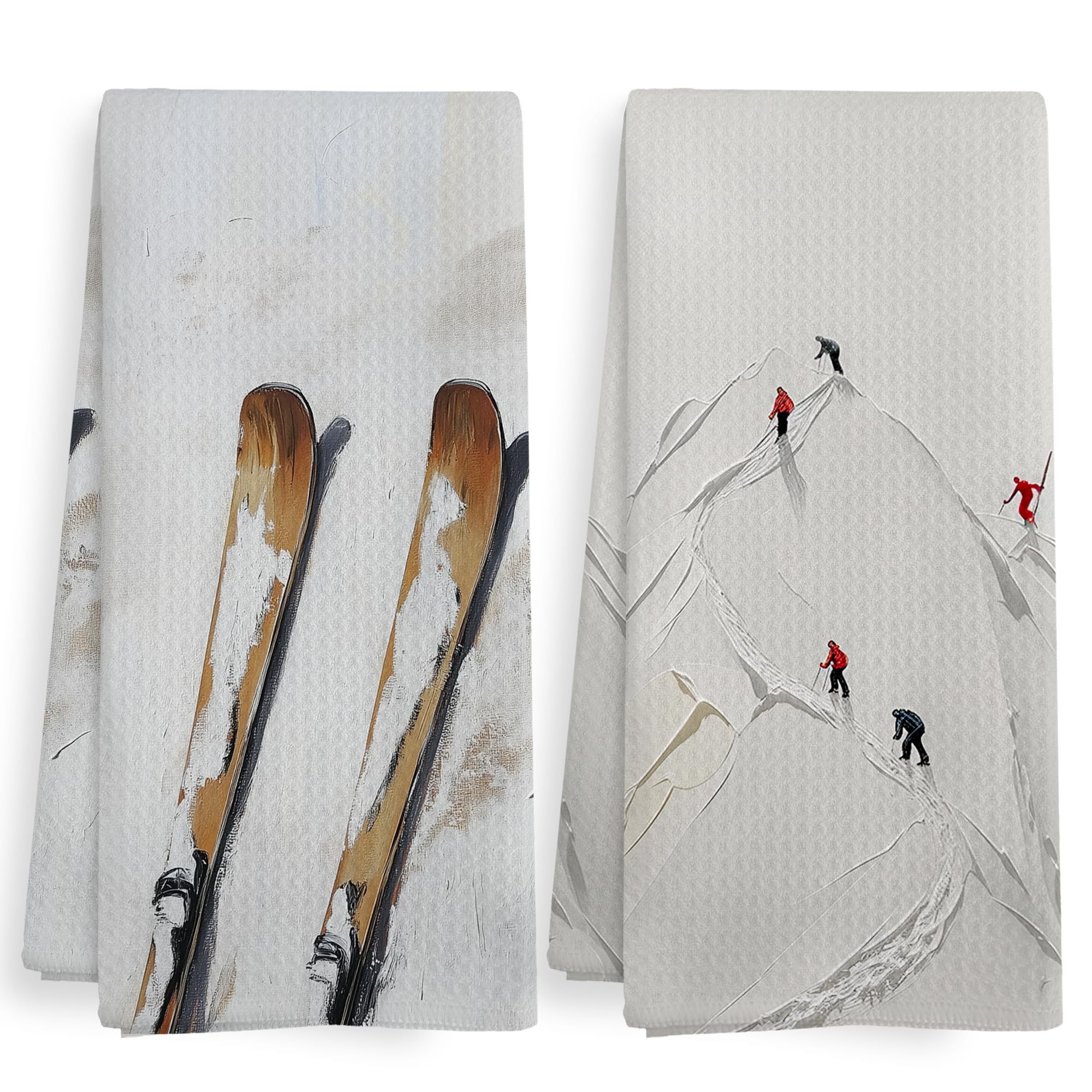 

Ski-themed Kitchen Towel Set - 2pcs, Perfect Gift For , Soft Polyester, Machine Washable, Modern Cartoon Design, Ideal For Decor, 18x26 Inches, Winter Mountain, Decorative Tray, Tea Towel