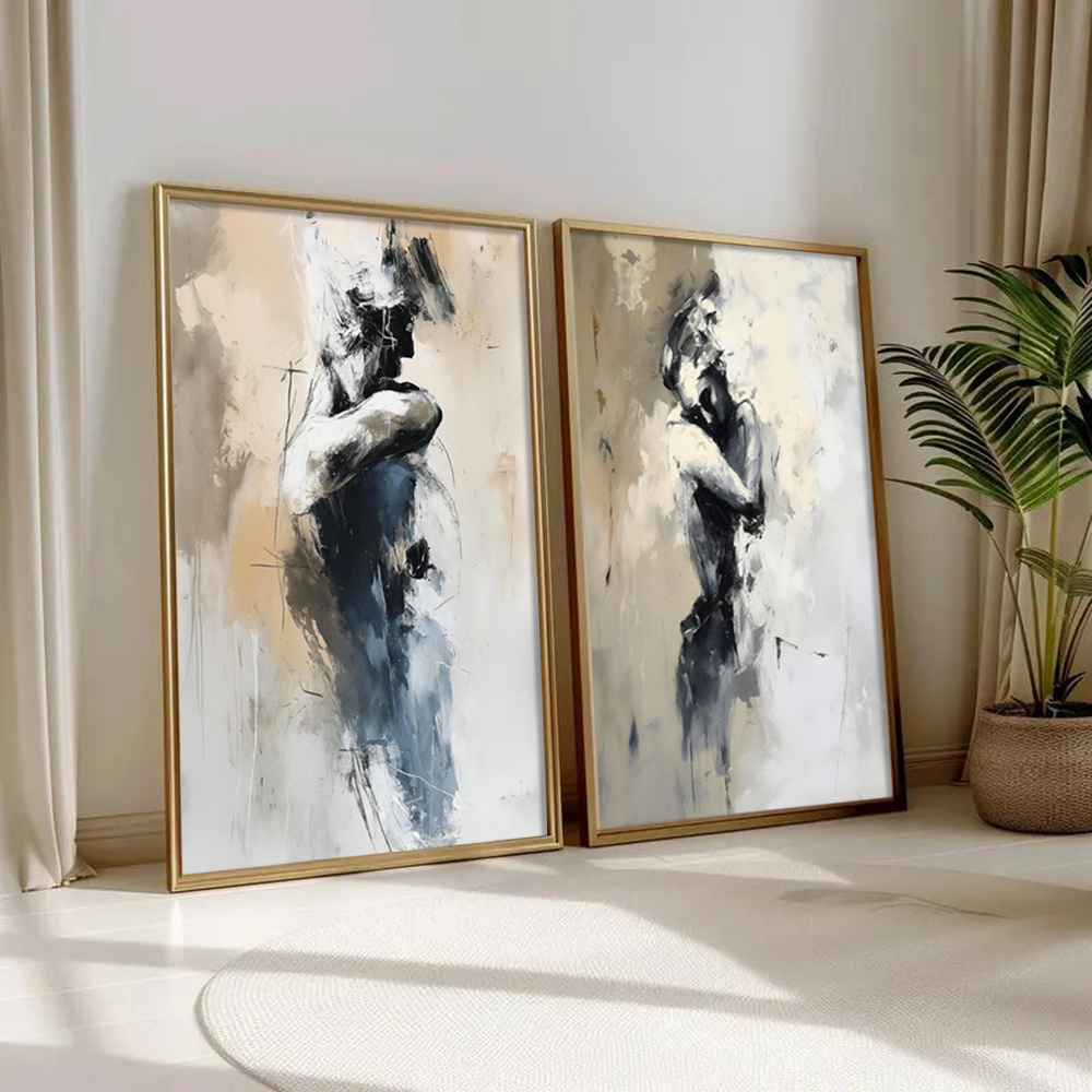 TEMU 2d Flat, 2d Flat, Set Of 2 Unframed Prints Featuring Emotional Embrace, Abstract Canvas Art, Dynamic Movement Wall Decor, Minimalist Aesthetic