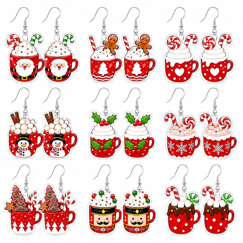 TEMU 2d Flat, 2d Flat 18pcs/9 Pairs Double-sided Printed Acrylic Christmas Earrings For Women, Men's Themed Jewelry Featuring And Gingerbread For Man