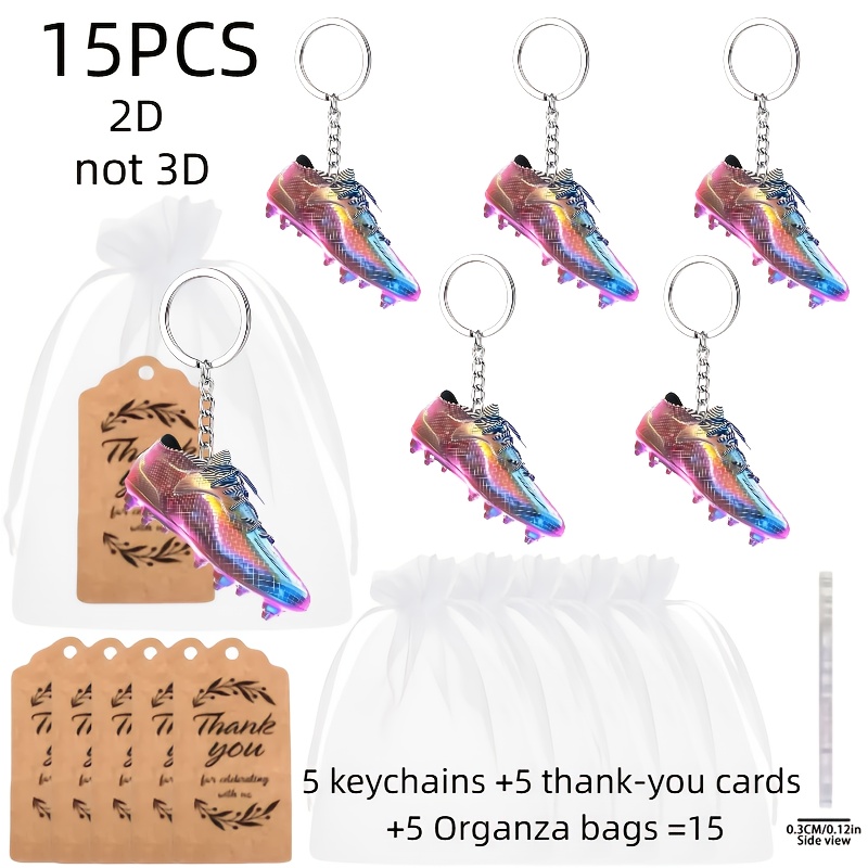 TEMU 2d , Unisex 2d Flat Gift, 15pcs Key Chain Set, Soccer Shoe-shaped Key Chain - Includes 5pcs 2d Design Acrylic Keychains, 5pcs Thank You Cards,