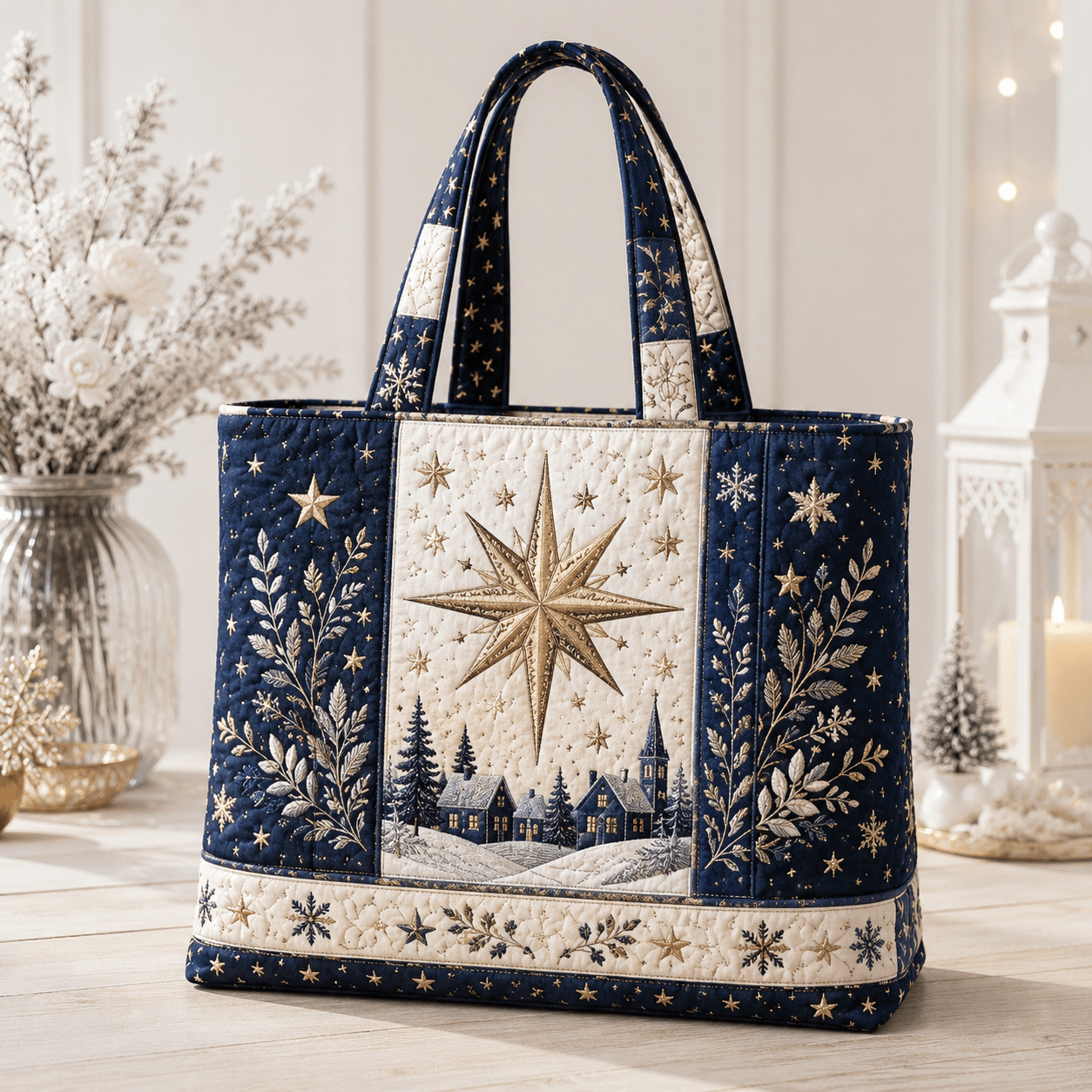 Image of 17 X 15 Inch Women's Quilted Tote Bag, Star Snow Village, Navy Starry Sky Pattern, Sky Quilted Design, Soft Handheld Shoulder Bag, Large Capacity For School Work Daily Use Weekend Gym Bag
