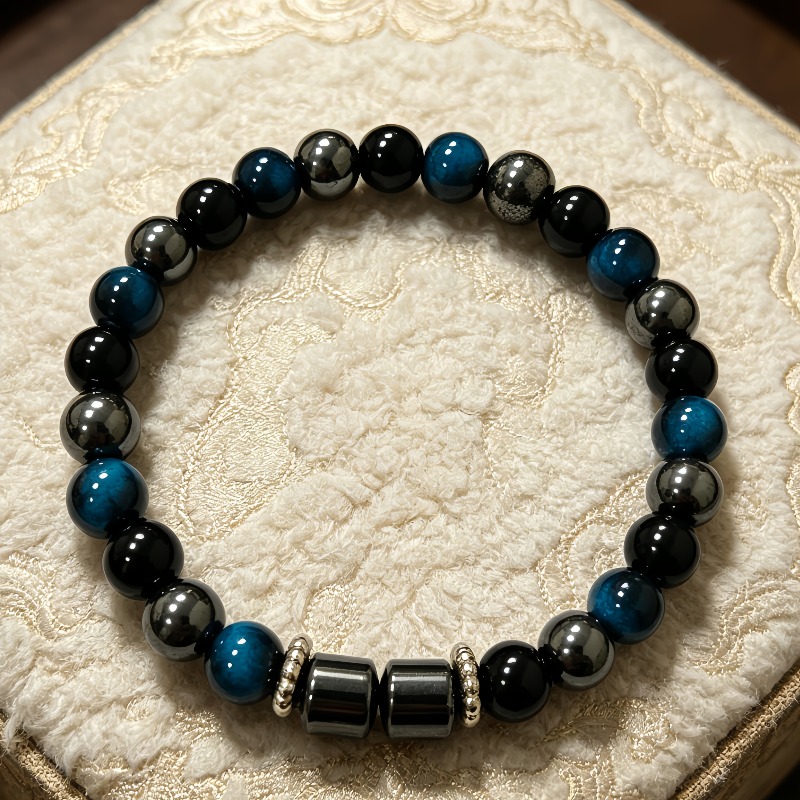 TEMU 1pc Black Gallstone/deep /gray Tricolor Stone Bead Bracelet, Cool Retro Palette, Delicate And Oily Beads With Texture, Comfortable Elastic Cord,
