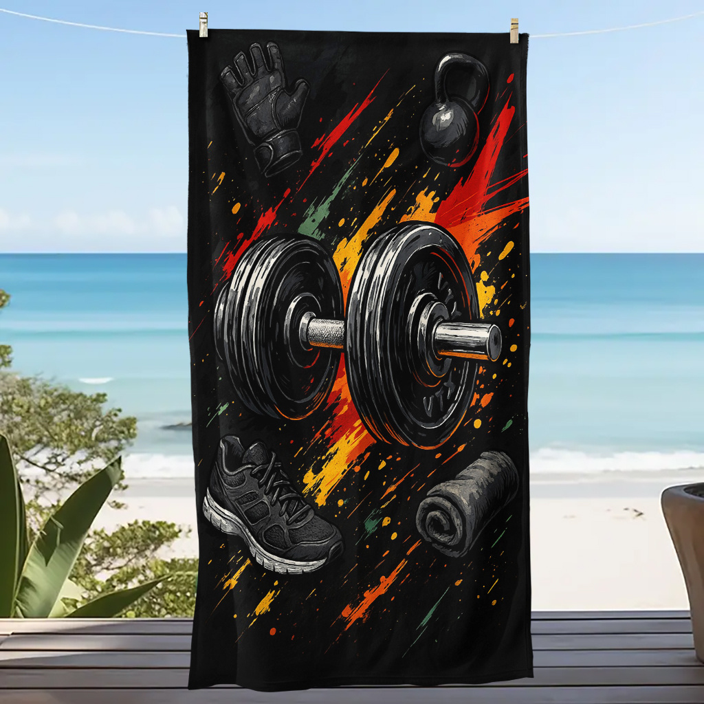 TEMU 1pc Tropical Gym Weightlifting Beach Towel - Vibrant Fitness Design With Dumbbells, Kettlebells & Athletic , Multiple Sizes For Gym, Beach,