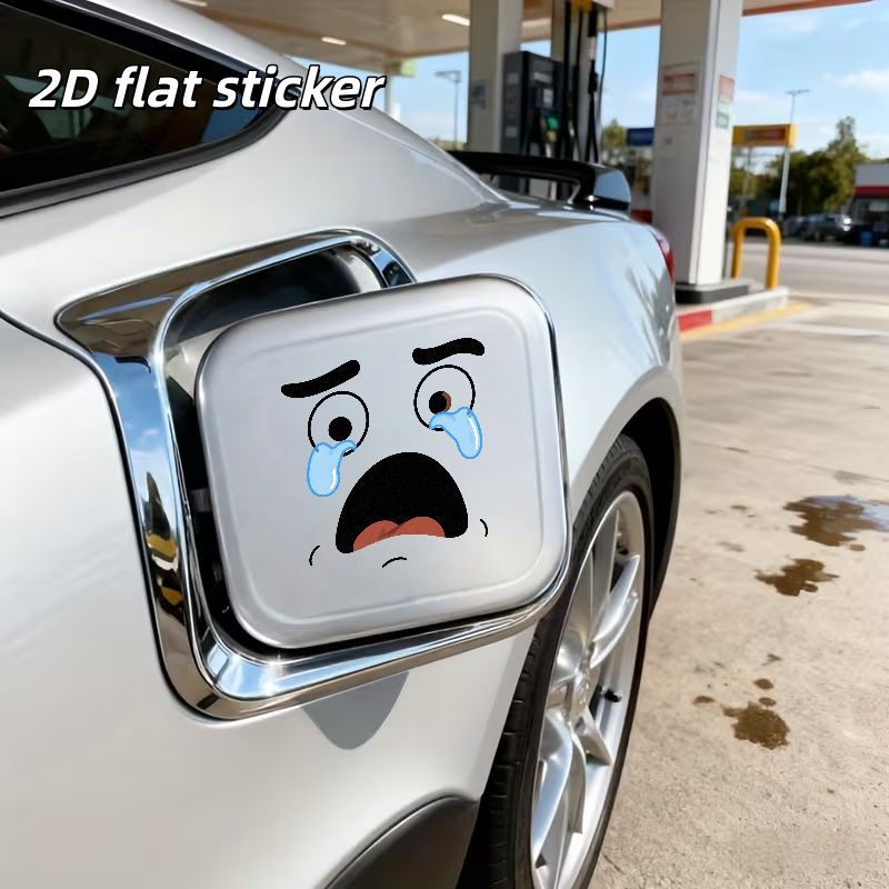 1pc 2d Flat Sticker Cartoon With Tears, Car Fuel Tank Cap Sticker, Minimalist Auto Decal