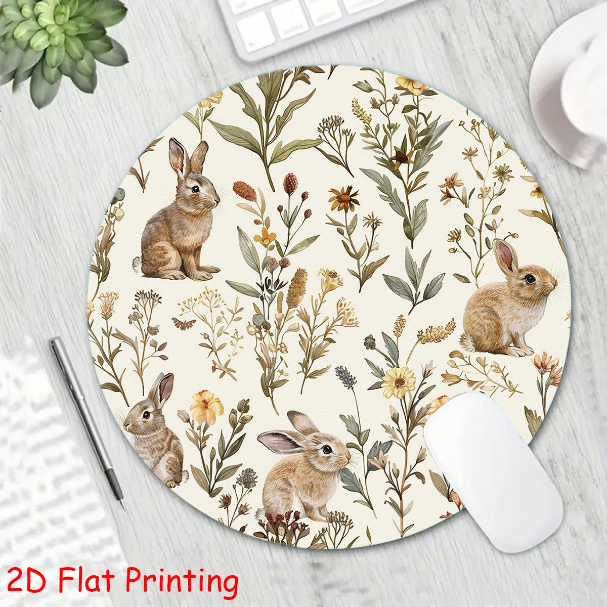 TEMU 1pc 2d Flat Printed Watercolor Floral Rabbit Spring Pattern Mouse Pad 1 Size Optional, 2d Flat