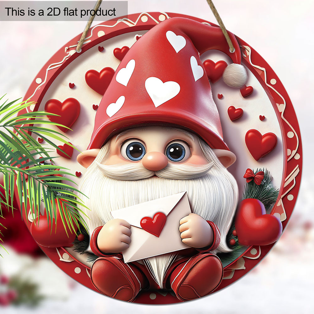 

1pc Valentine's Day Wooden - Red Heart Gnome Design, Flat Porch Wreath Hanging Decor, No Electricity Needed, Ideal For Garden, Room, Festival, And Party Decoration